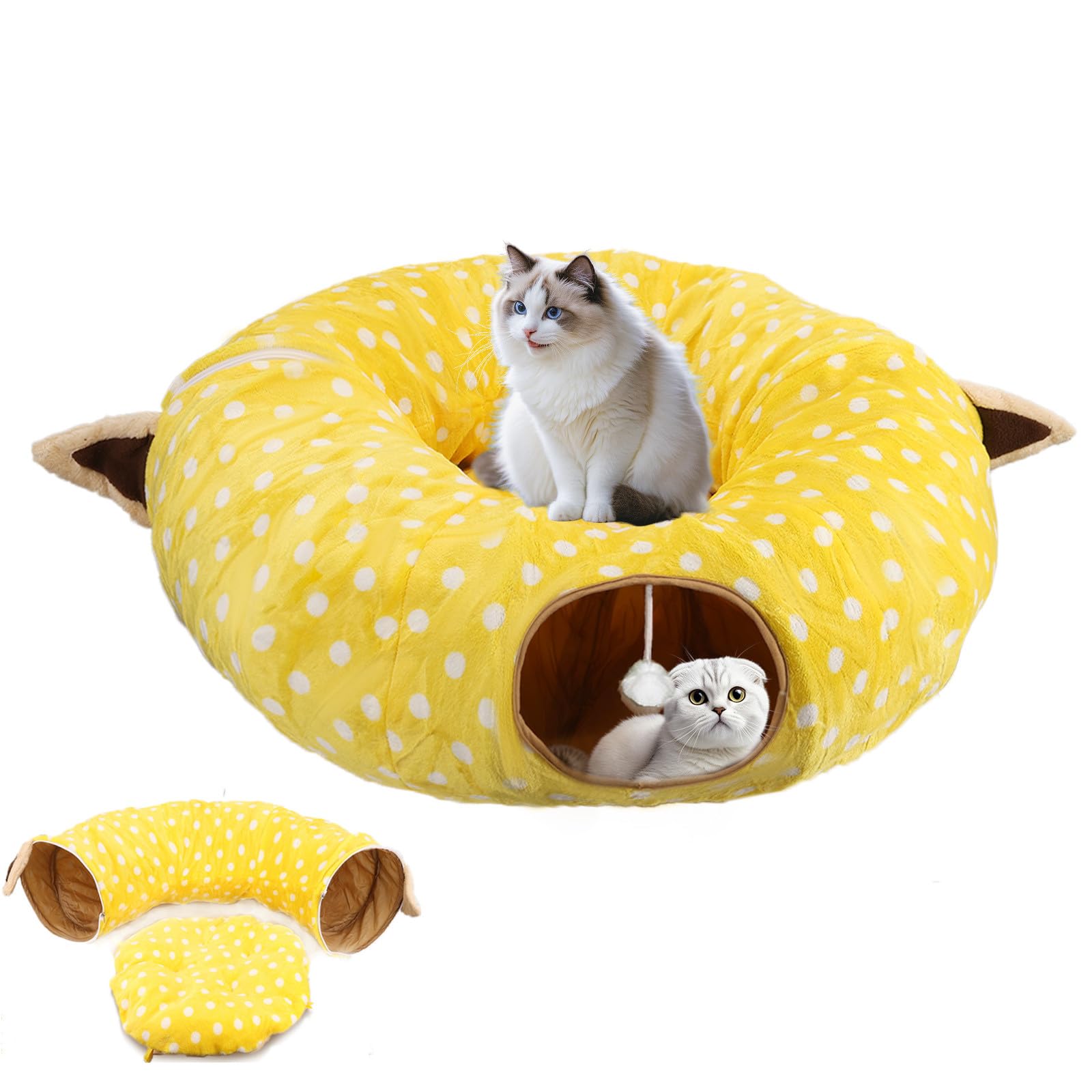 Primst Cat Tunnel Bed for Indoor Cats, Cute Pet Donut Toy Tunnel with Washable Soft Plush Circle Cushion, Multifunctional Cat Bed Pet Cave for Kitten, Puppy, Rabbit (yellow)