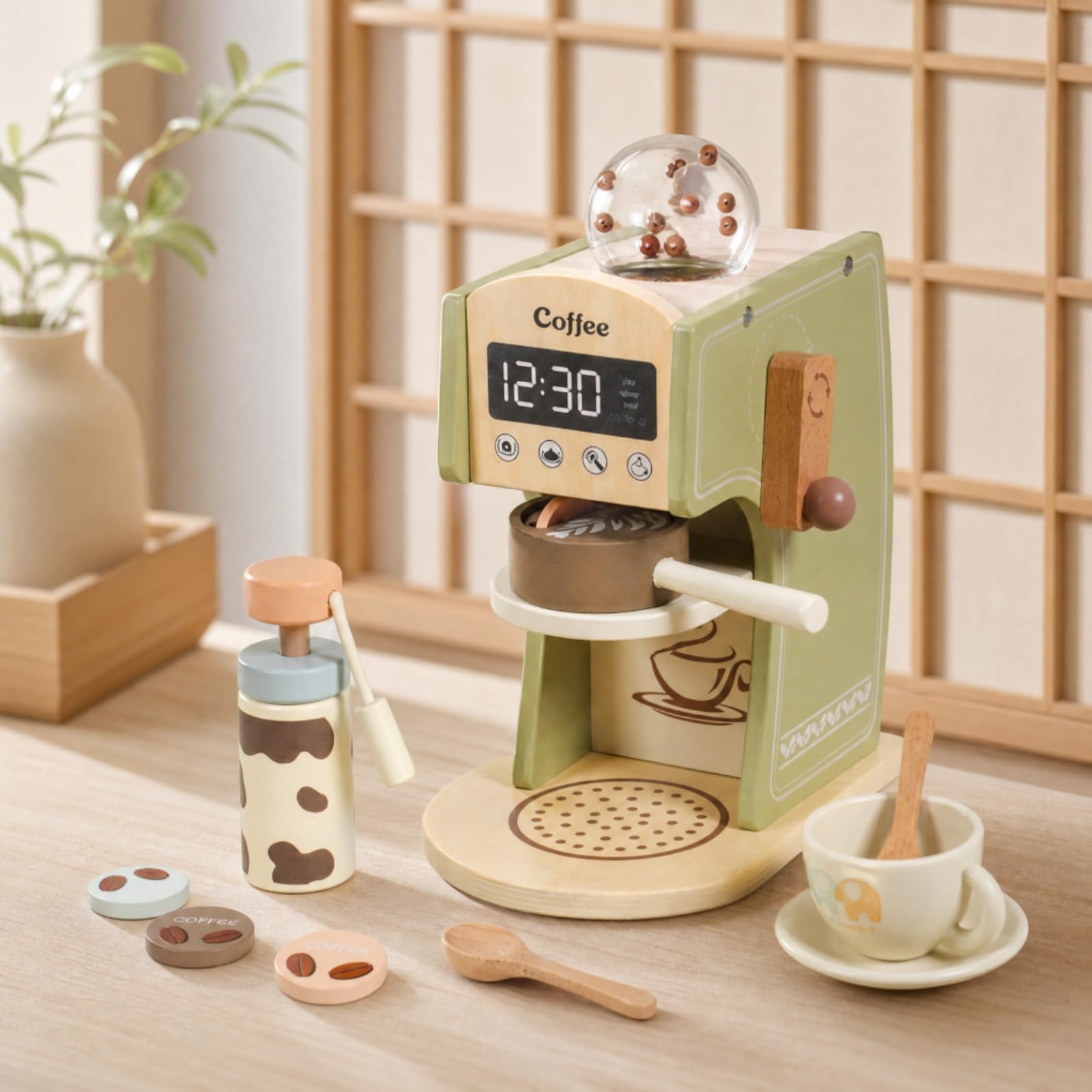 Milageto Macchinetta del caffè in Legno con Accessori Durevole Macchina del caffè Giocattolo Educativo Set da Caffettiere Giocattolo