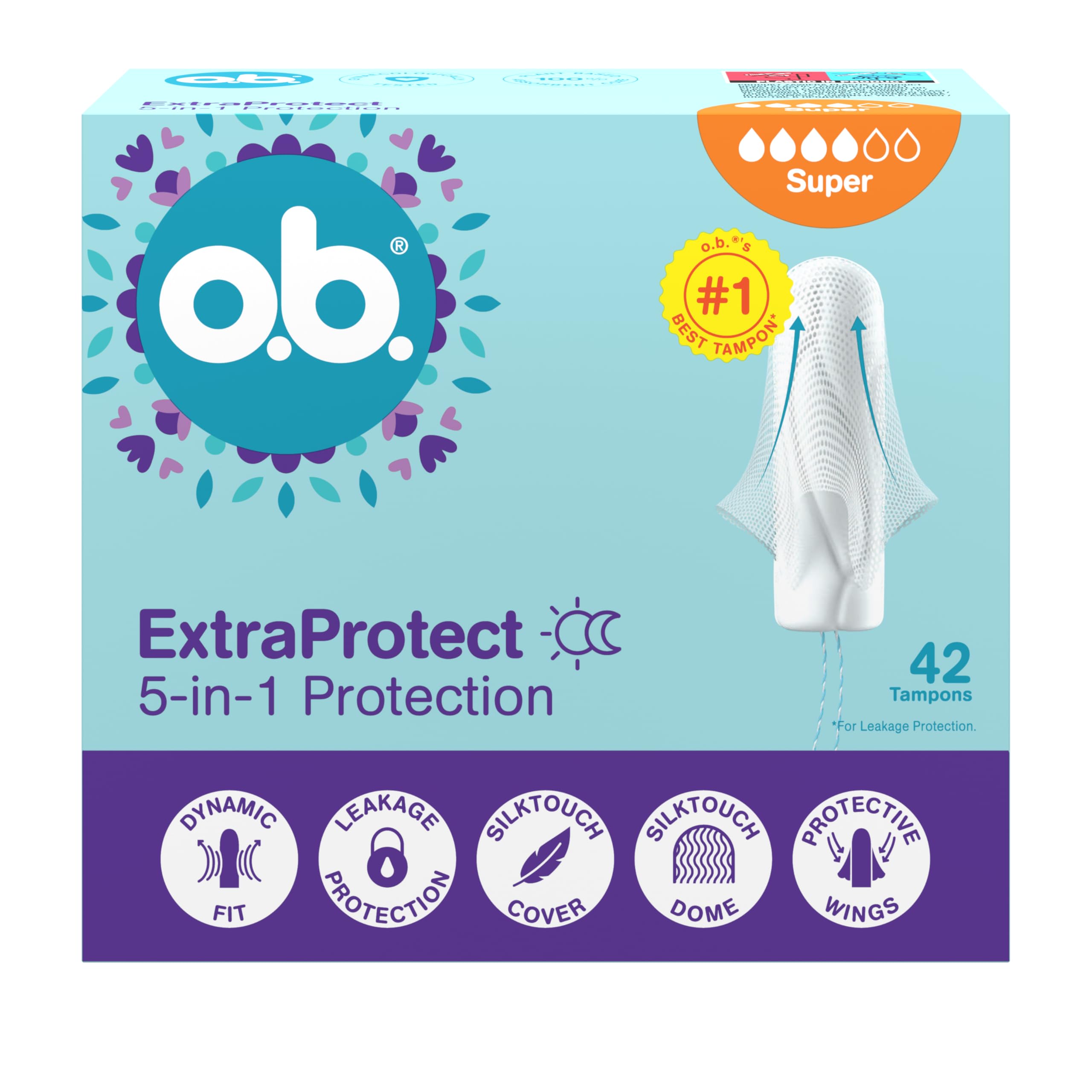 o.b. ExtraProtect Super Tampony 42 szt. NOWOŚĆ, dodatkowe skrzydełka zabezpieczające, do 100% ochrony przed przeciekaniem w dzień i w nocy, na obfite krwawienie, duże opakowanie