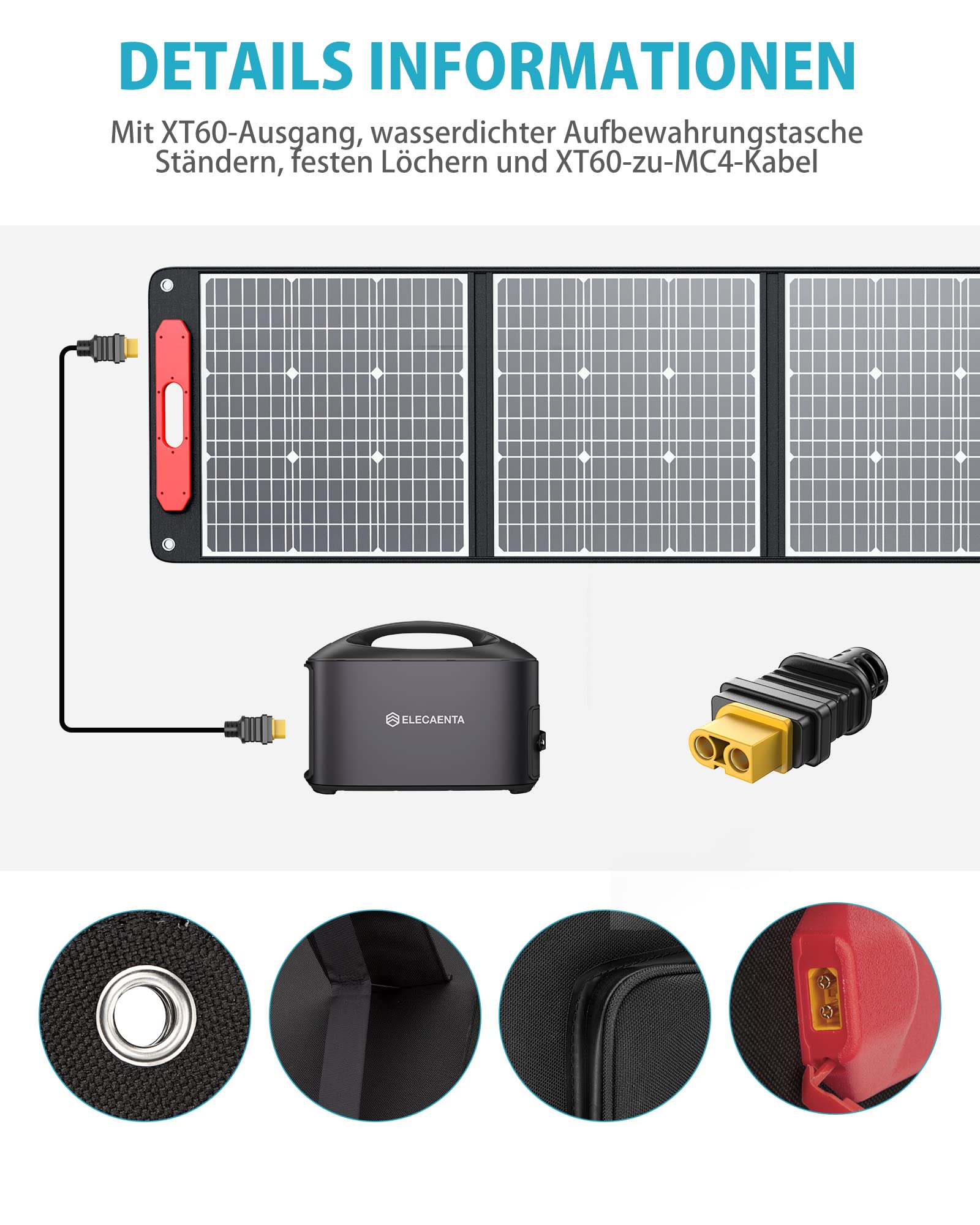 ELECAENTA Ultraleichtes Flexibles 200W ETFE Solar Ladegerät Faltbares Monokristallines Solarmodul XT60-Ausgang, für Generator Power Station, Outdoor-Camping, Wohnmobil, 5kg
