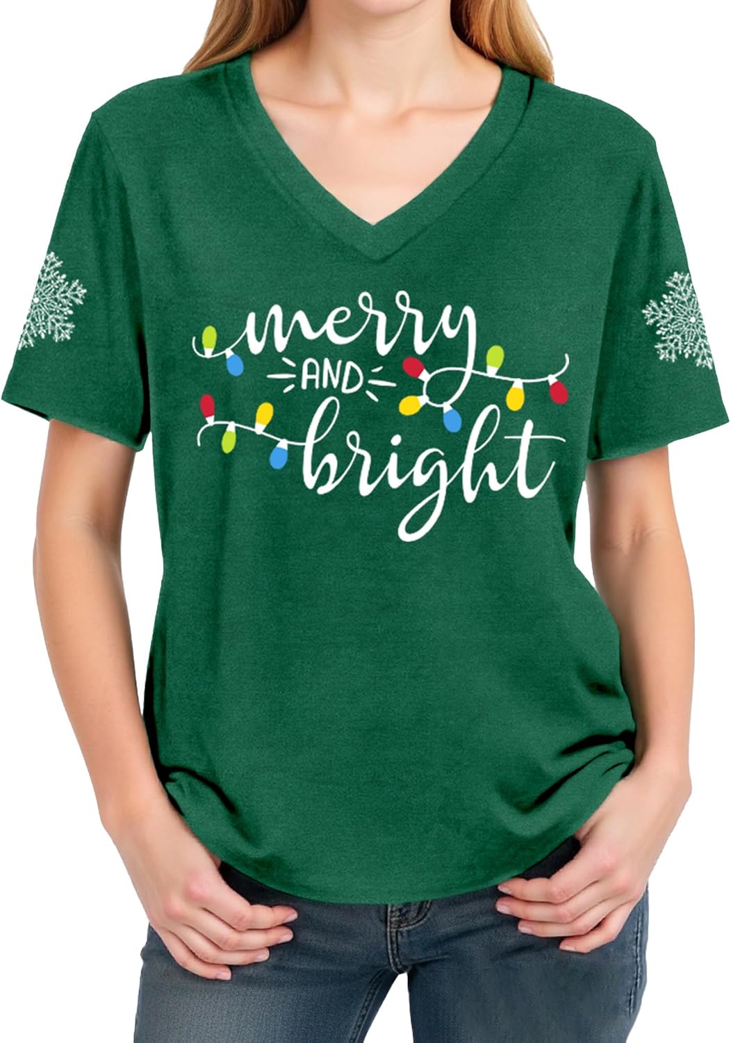 Merry and Bright V-Neck Shirt for Women Merry Christmas Shirts Xmas Holiday Tee Tops - Image 2