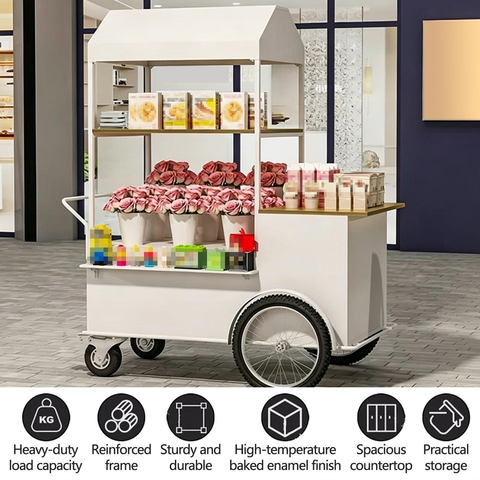 Verkaufswagen mit Metallüberdachung, Mobiler Imbisswagen, Verkaufsstand für Einzelhandel, zum Verkauf von Süßigkeiten, Snacks und Blumen, für Märkte Veranstaltungen(White,140cm/55.1in)