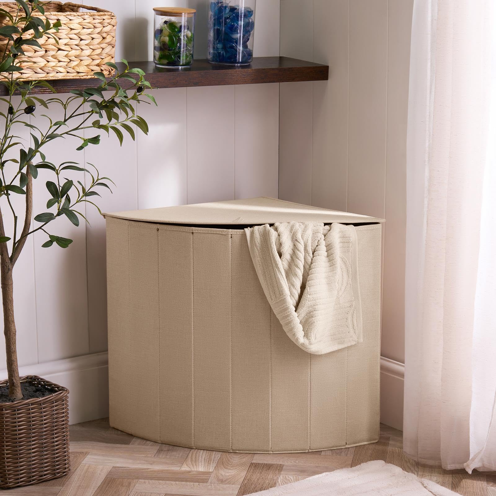 OHS Corner Laundry Hamper with Lid, Foldable Laundry Basket Freestanding Clothes Hampers for Laundries Washing Basket for Bedroom Bathroom, Natural - 55 x 49 x 39cm