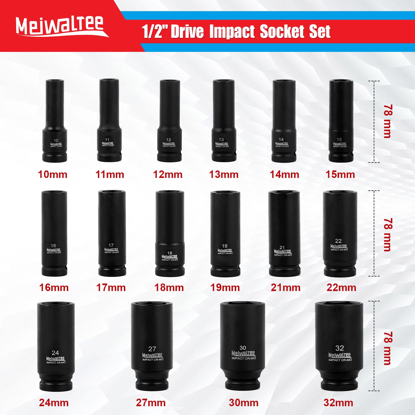 1/2" Set Bussole a Impatto 10 –32 MM, 19 pezzi Set di chiavi a bussola, con 17–19 –21 MM Bussole Ruota in Lega Protettivo Dado Capocorda, per cambio ruota | Cr-Mo | 85 MM di lunghezza