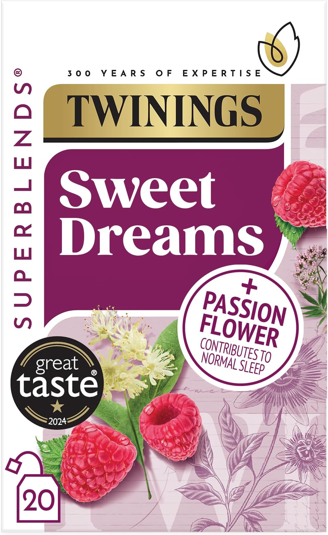 Superblends Sweet Dreams Tea - Raspberry, Passionflower & Valerian Root Herbal Tea Infusion with Niacin (Vitamin B3) - Sleep Tea, 20 Biodegradable Tea Bags