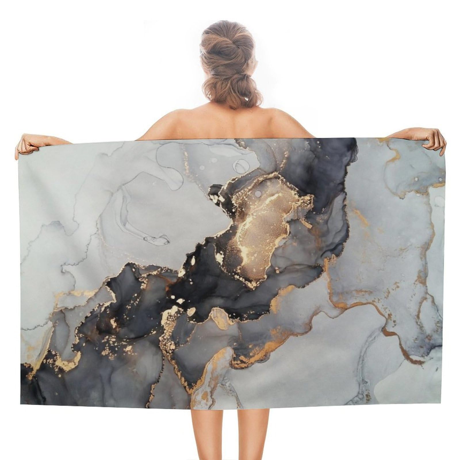 LEDFCVSU Beach Towel, Black Gold Marble Bath Towel, Absorbent Towel for Swimming, Sports, Travel
