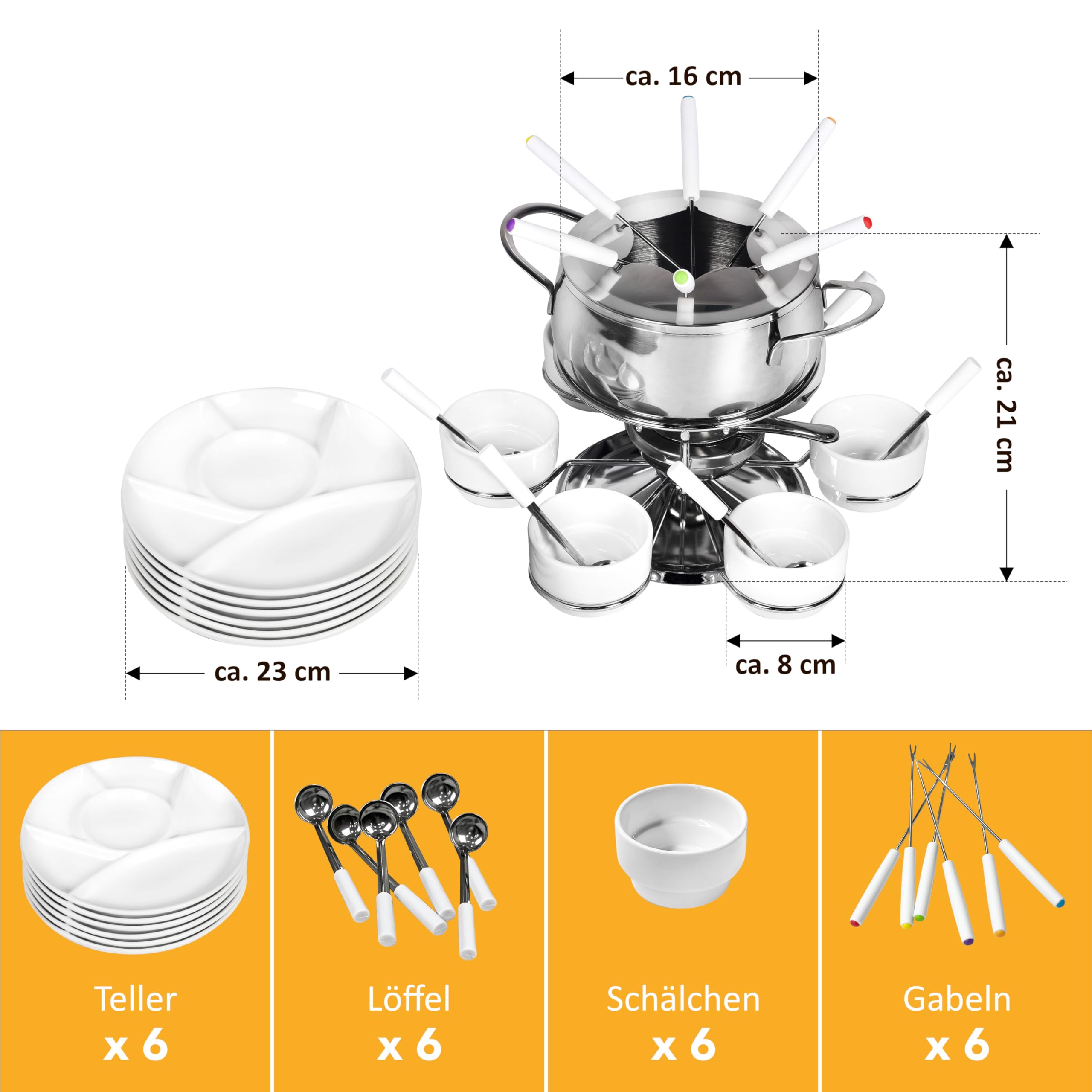 Ribelli Service à Fondue de 28 Pièces en INOX, 6X Fourchette, Cuillère, Assiette, Bol de Fondue au Fromage, Fondue à la Viande, pour 6 Personnes