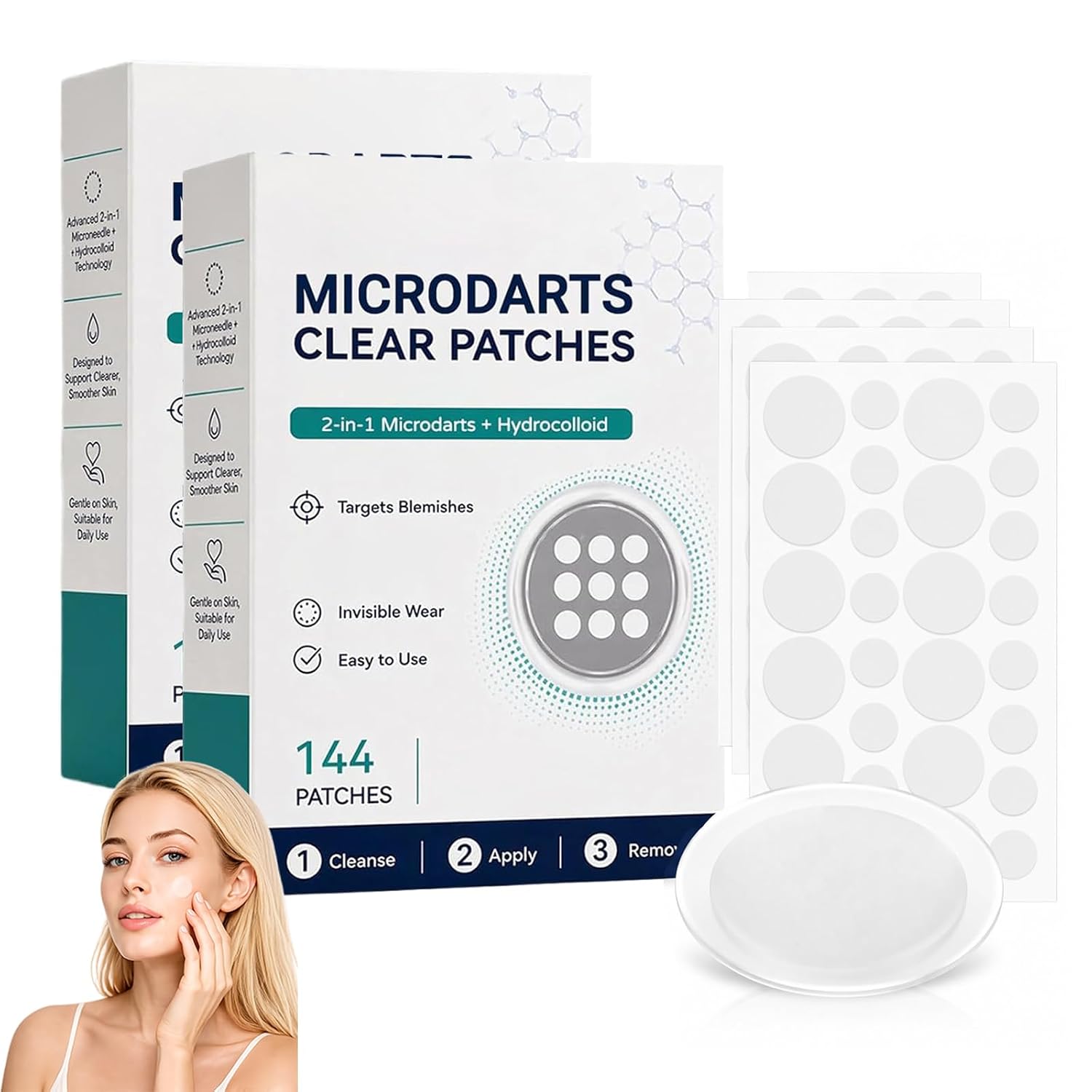 2Pack Curalona Microdarts Clear Patches, 2-in-1 Hydrocolloid Blemish Patches with Dissolvable Microdarts, Ultra-Thin Invisible Spot Patches for Early Blemishes, Daily & Overnight Skin Care