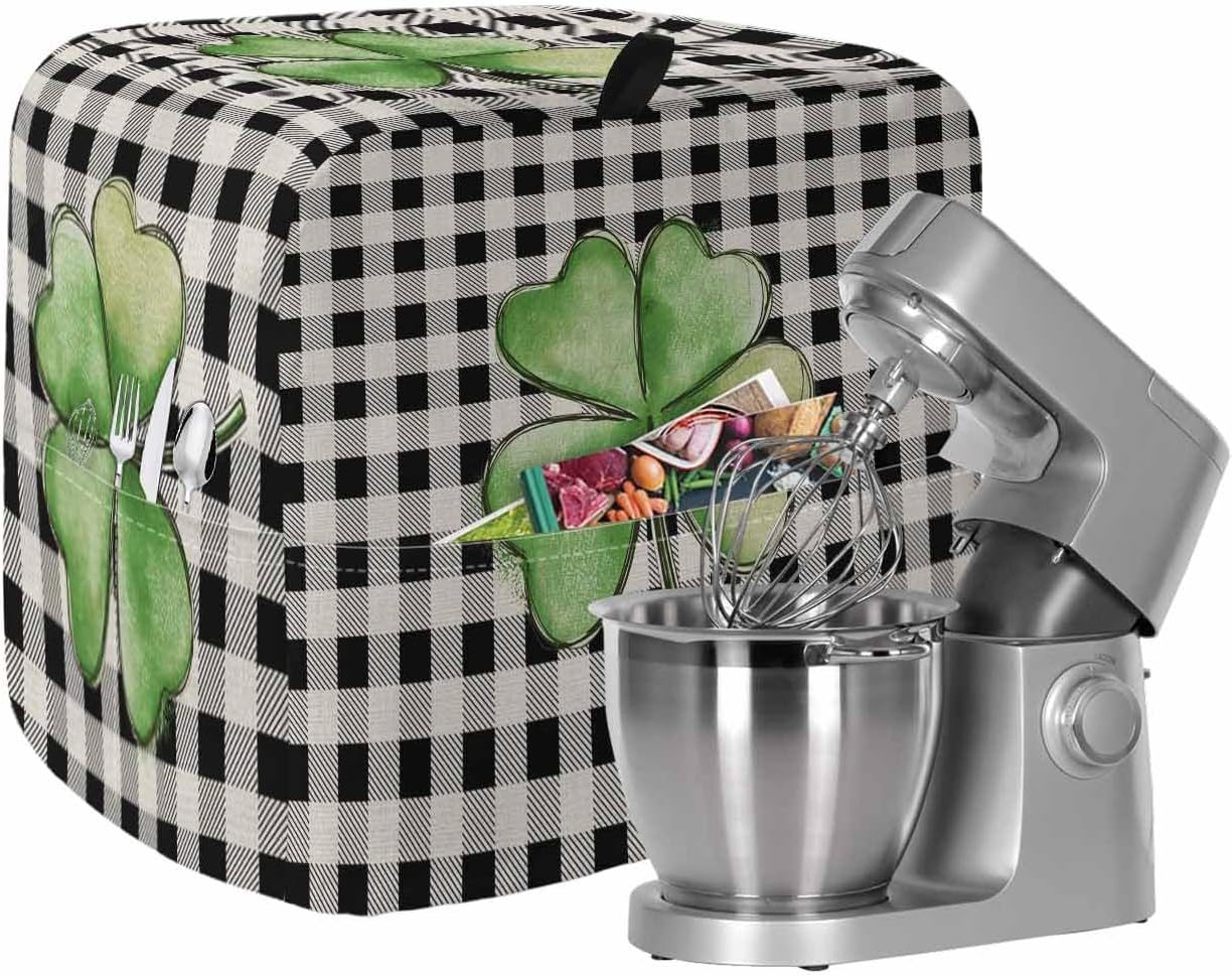 St. Patrick's Day Stand Mixer Cover with Storage Pocket, Waterproof Kitchen Mixer Covers, Shamrock Leaves Black White Plaid Retro Kitchen Appliance Dust Cover Compatible with 4/4.5 Quart Mixers