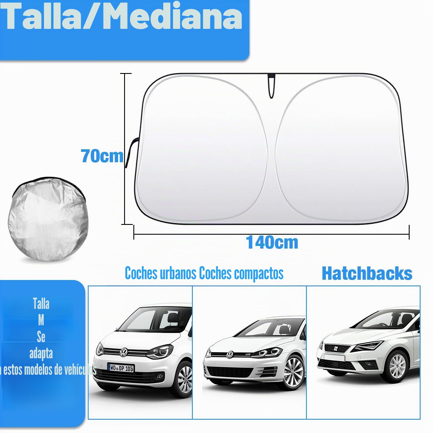 Parasol para Parabrisas de Coche, Plegable Parasol Coche, Protección UV y contra el Calor, Reflectante, Protección del Interior, para Ciudadano, Compacto, Hatchback