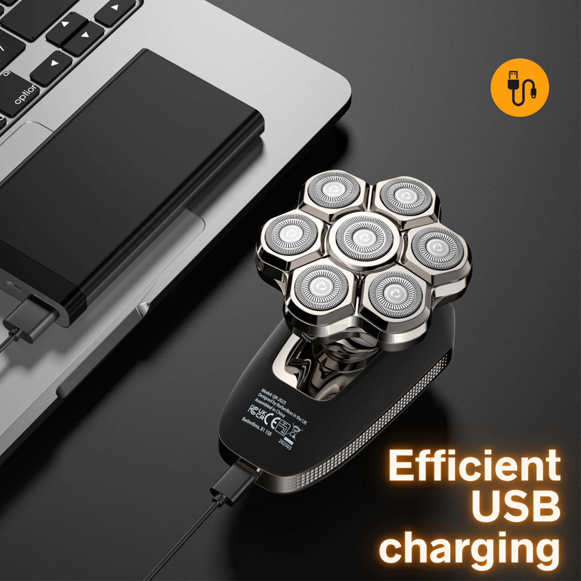 BarberBoss Rasoir à tête chauve 7D pour homme – Rasoir rotatif magnétique, toiletteur électrique 5 en 1 avec écran LED, charge USB-C, tondeuse à barbe et nez, kit de toilettage facial tout-en-un