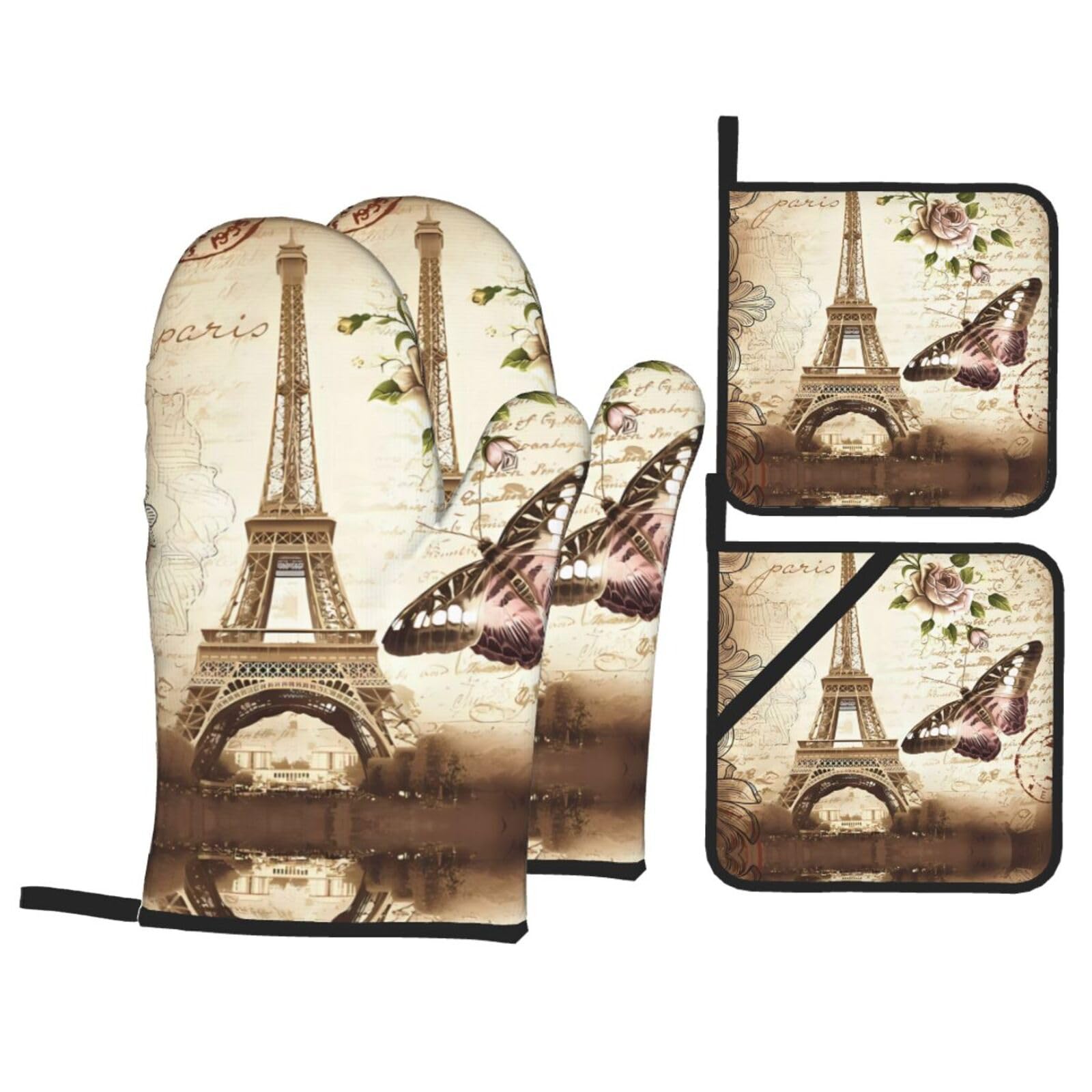 WHJSHOP Vintage Paris Eiffel Tower Butterfly Prints Oven Mitts & Pot Holders Set - Waterproof Kitchen Layers & Heat Resistant - Durable Covers for Safe Cooking & Easy Cleanup