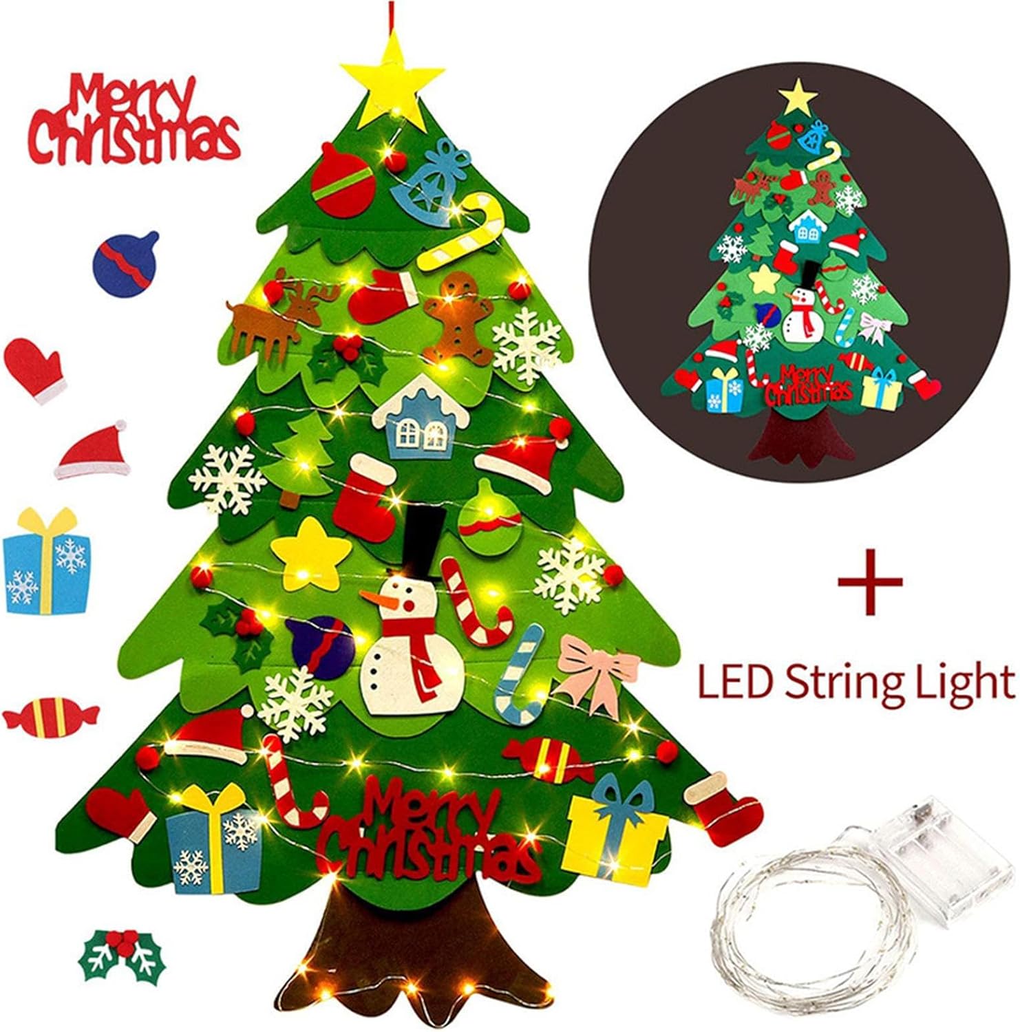 Felt Christmas Tree Set, Festive DIY Decoration, 98x69cm, Winter Holiday Children Activity Craft with String Lights, Felt Christmas Tree Set with Ornaments, Decorative for Wall Window