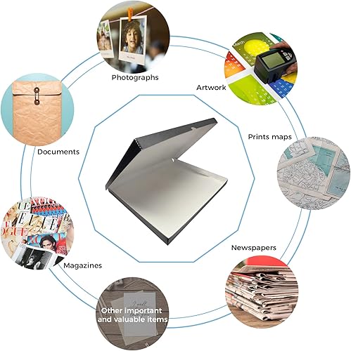 Vista 139 de Lineco Caja de almacenamiento de folio, diseño de concha con borde de metal. 16.5 x 20.5 x 1.75 pulgadas, cartón archival, conserva fotos, tarjetas