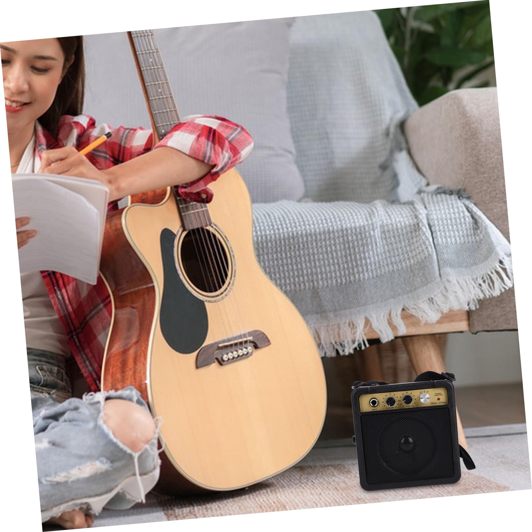 OSALADI Mini Amplificador de Guitarra Eléctrica 5w Negro, Sonido de Alta Fidelidad, Compacto y Portátil, Conexión Versátil para Práctica