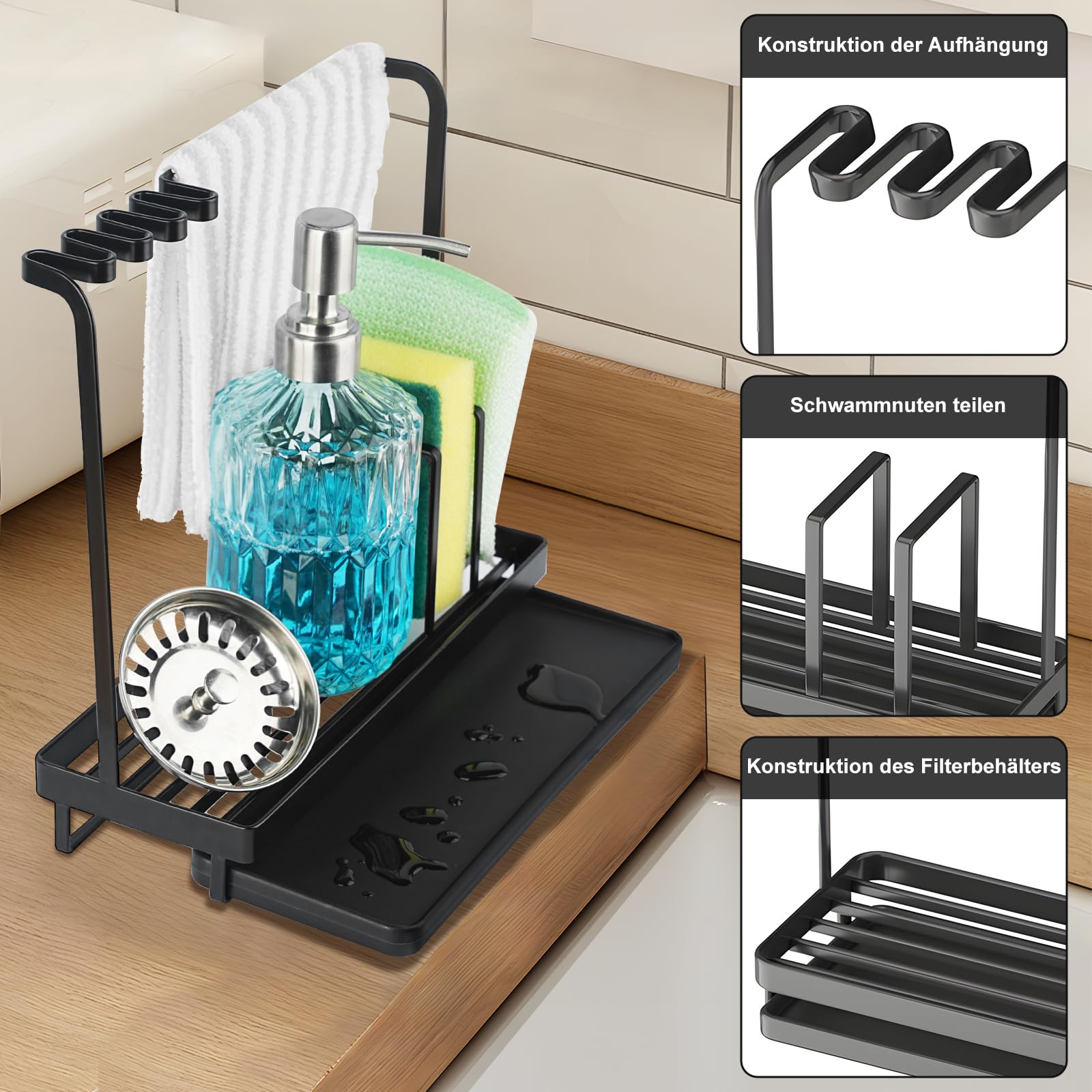 Spülbecken Organizer für Küchen Schwarz Spüle Sink Zur Aufbewahrung von Spülmittel, Lappen und Schwämmen Mit Auffangwanne