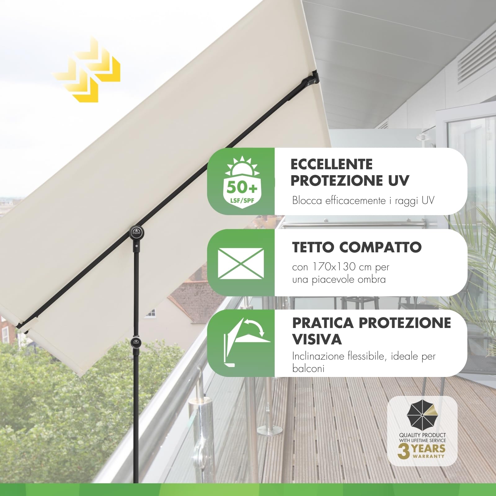 Doppler Schermo da balcone I 170x130cm I Protezione solare per balcone e terrazza I Schermo flessibile per la privacy I Ombrellone rettangolare e ruotabile I Ombrellone da giardino per balcone