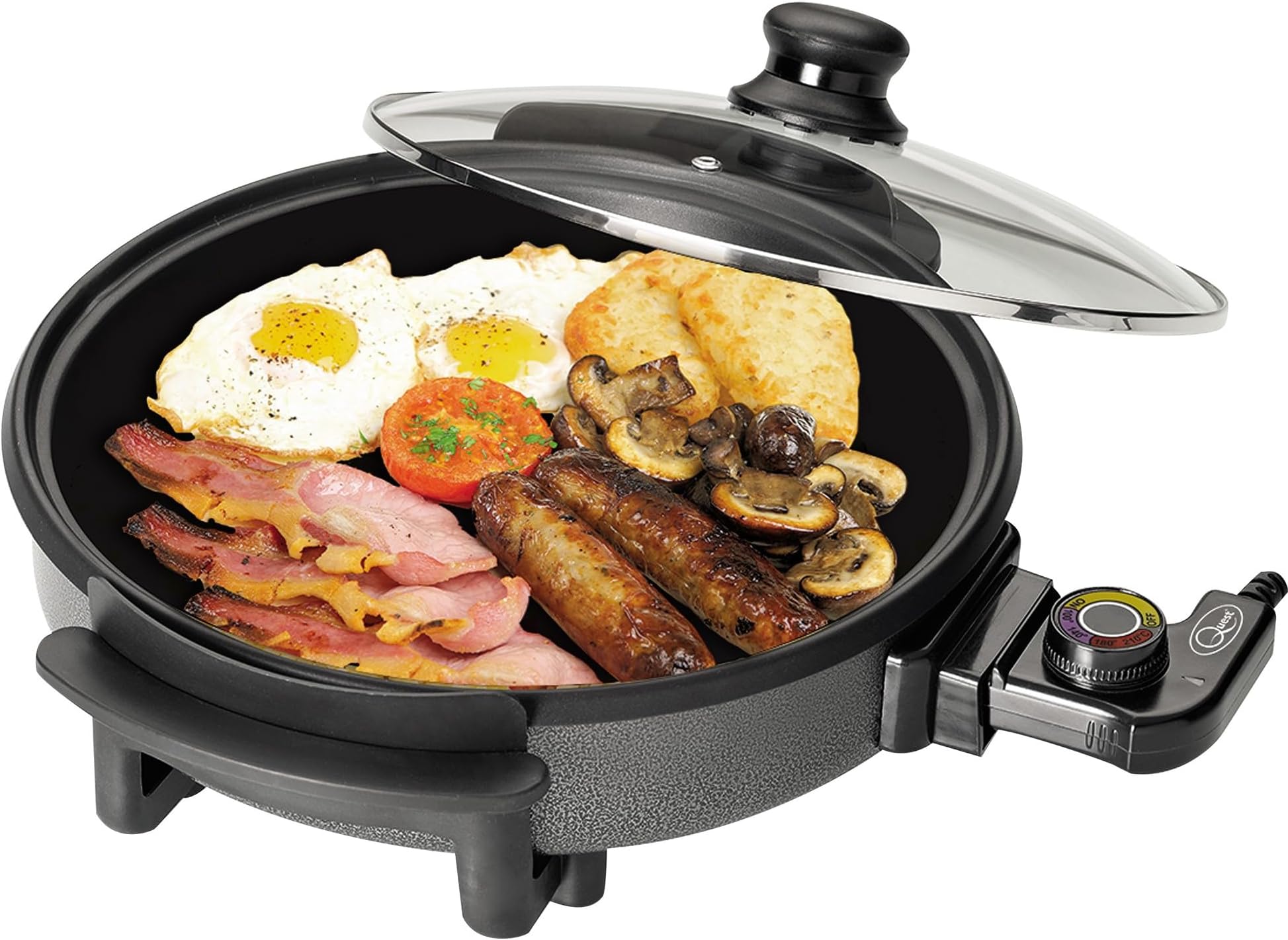 Quest 35410 30cm Multi-Function Electric Cooker Pan with Lid/Adjustable Thermostatic Control/Non-Stick Aluminium / 30 x 30cm Surface/Detachable Power Cable For Serving