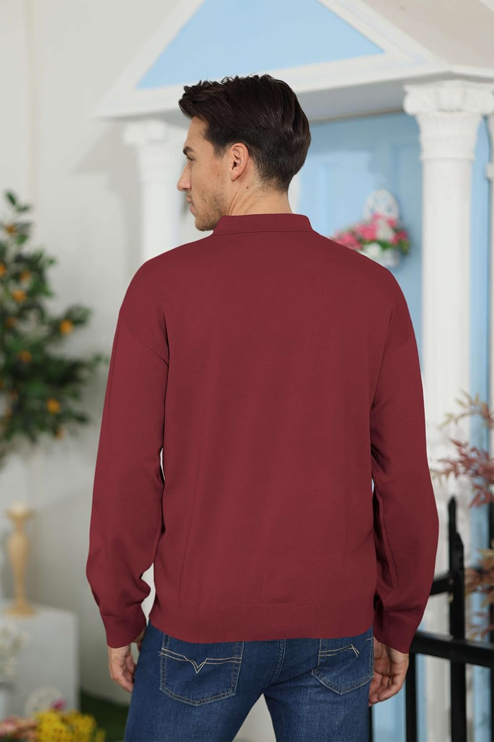 Mens Casual Knit Polo Shirt Classic Long Sleeve Thermal Basic Button Down Golf Shirts - Image 5