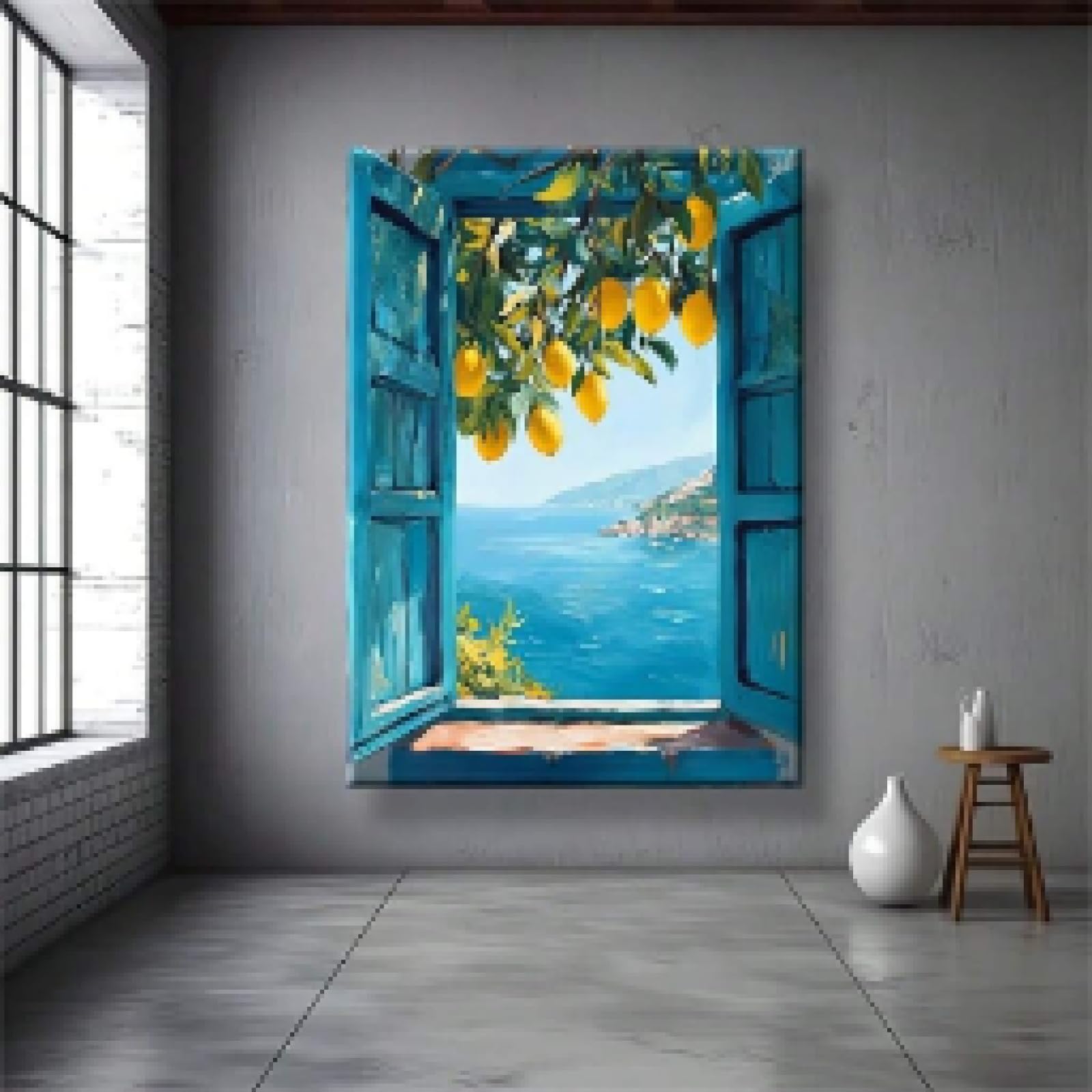 XBTYKPB Cuadros de pared con vistas al Mediterráneo, impresiones de limoneros costeros, lienzos, pósteres costeros, estética azul, 21 x 30 cm, con marco