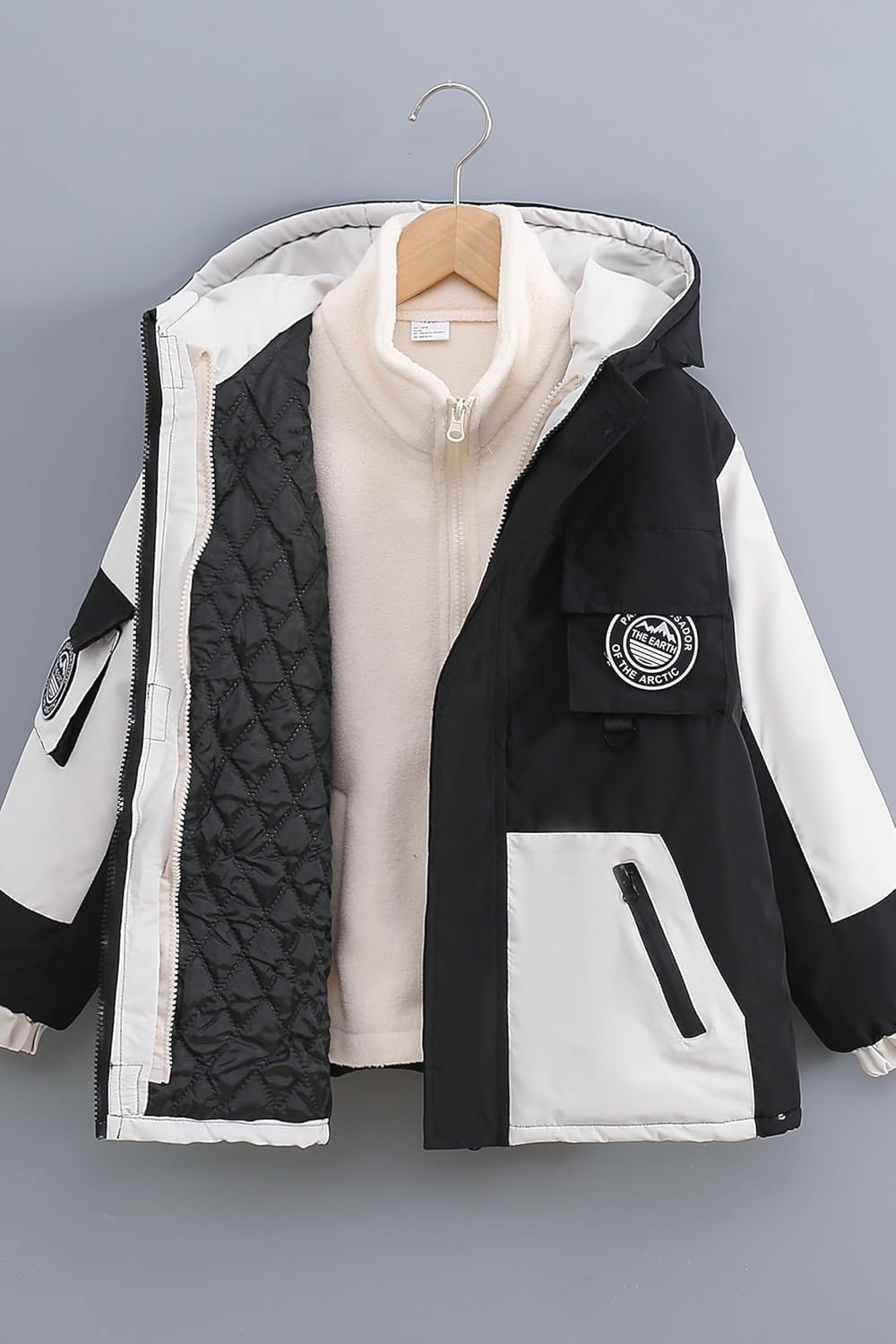 Kids Windproof 3-in-1 Winter Jacket, Hooded Water-Resistant Thick Coat with Detachable Fleece for Boys Girls - Image 2