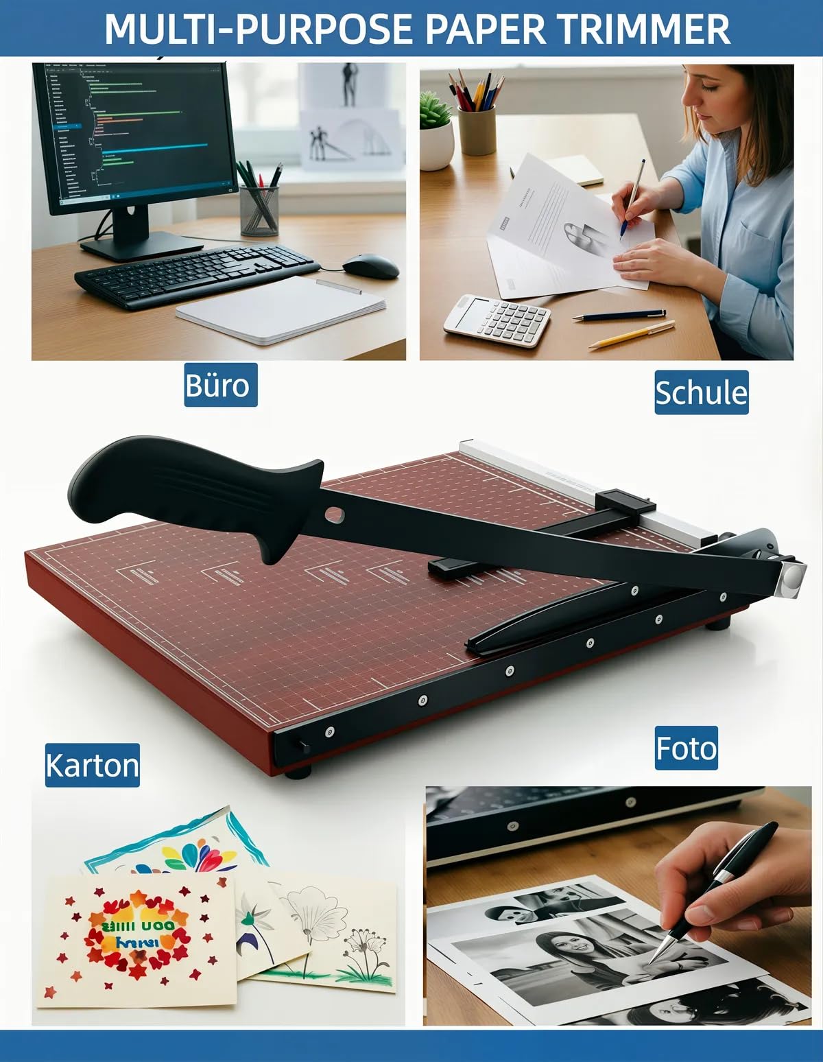 COOCHEER A3 Papierschneider Profi – Hebelschneider für max. 12 Blatt – Präzise Schneidemaschine aus Holz & Stahl mit Maßskala – Fotoschneider für Büro, Schule & Home-Office