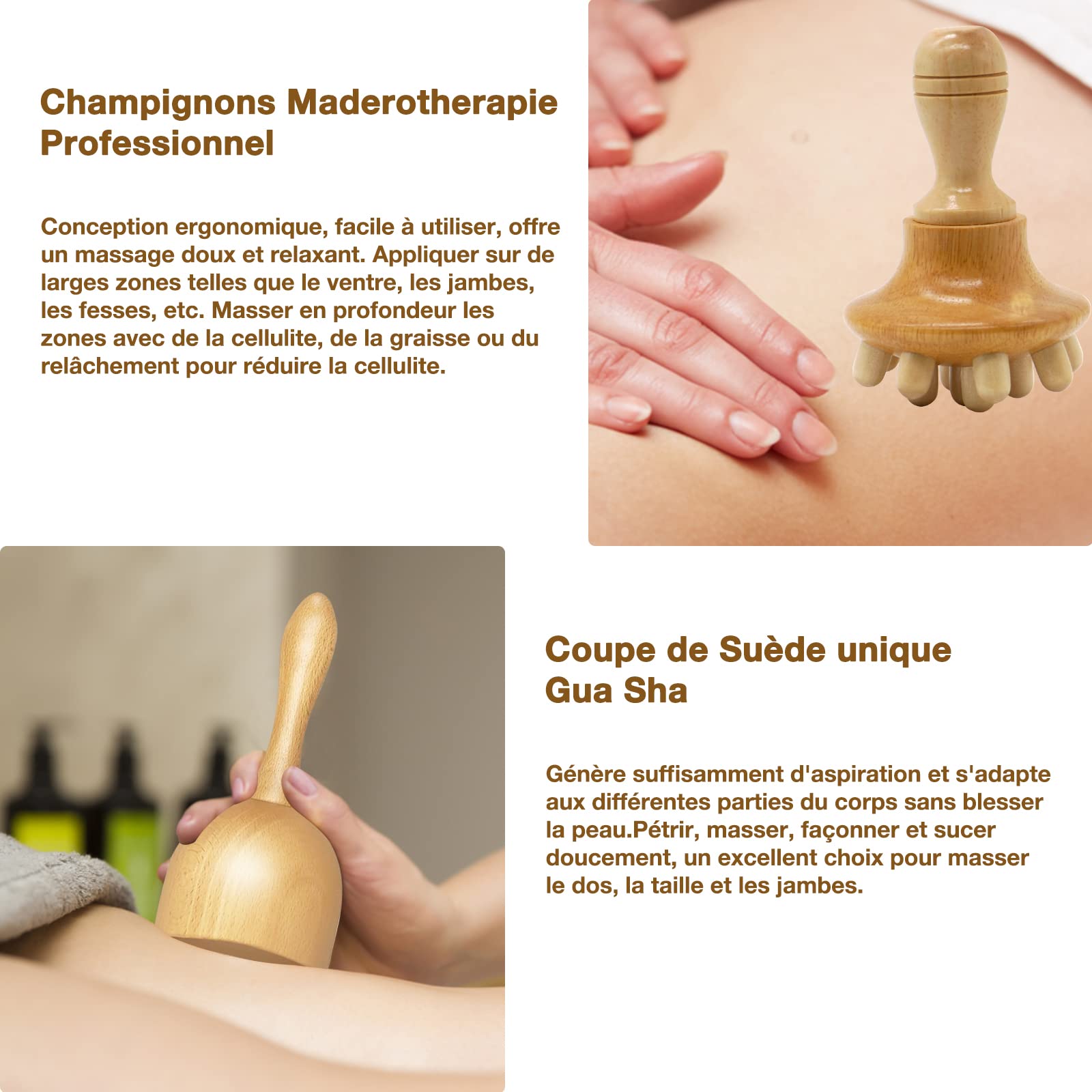 6 en 1 Maderotherapie Kit Complet, Masseur Bois de Anti Cellulite, Rouleau de Massage Gua Sha Cup, Appareil Corps de Drainage Lymphatique, Soulager Muscle le Stress et Relaxation