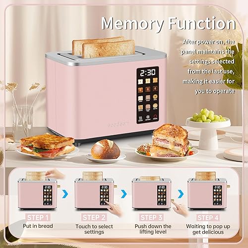 Miniatura 6 de SEEDEEM Tostadora de 2 rebanadas, pantalla de control táctil, tostadora inteligente de acero inoxidable, 6 ajustes de sombra, selección de 6 panes,