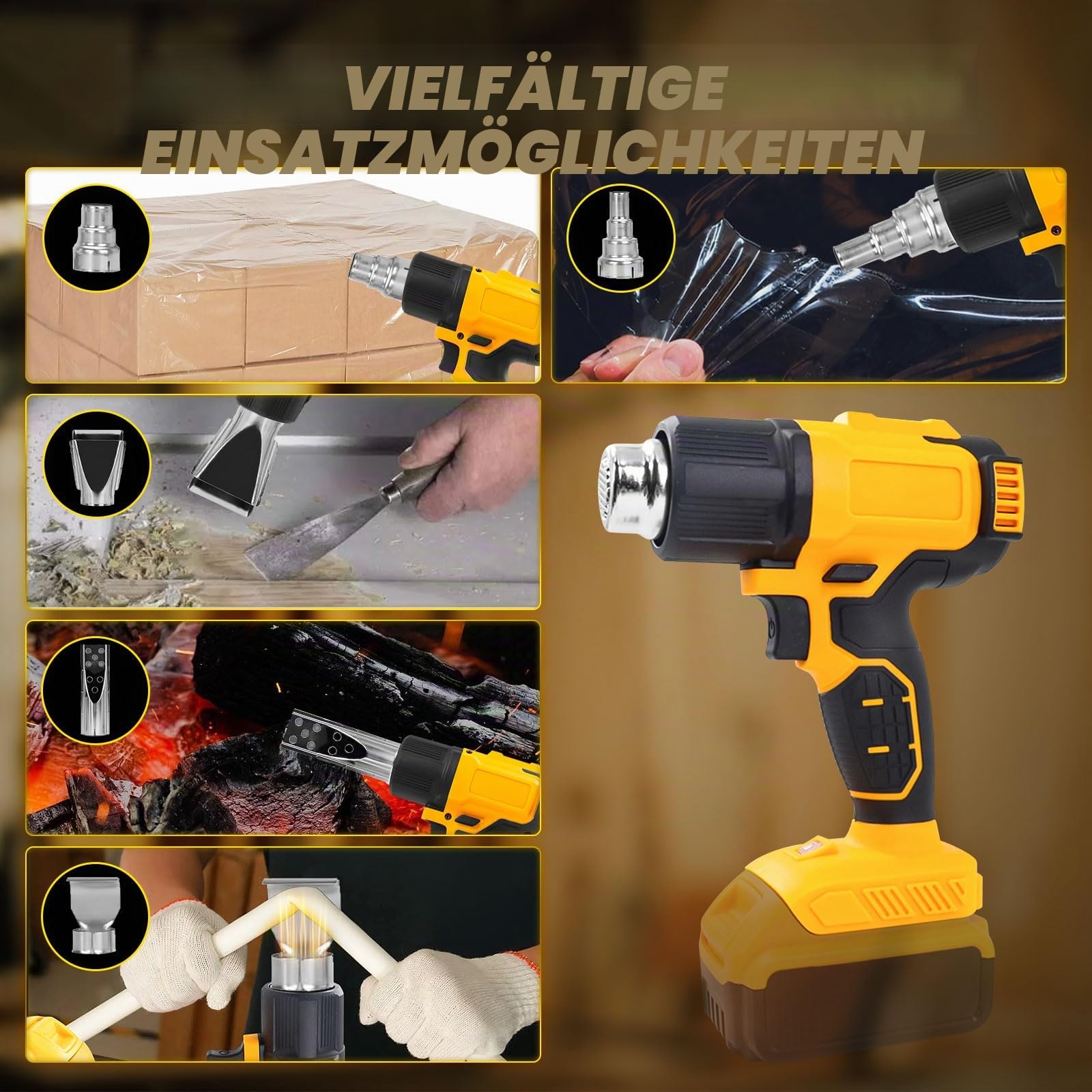 Akku-Heißluftpistole für Dewalt 20V Akku, 50℃-550℃ Heißluftpistole mit Digitalanzeige, Schnellheizung Kabellose Heißluftpistole, Einstellbare Temperatur und Luftstrom mit 5 Düsen