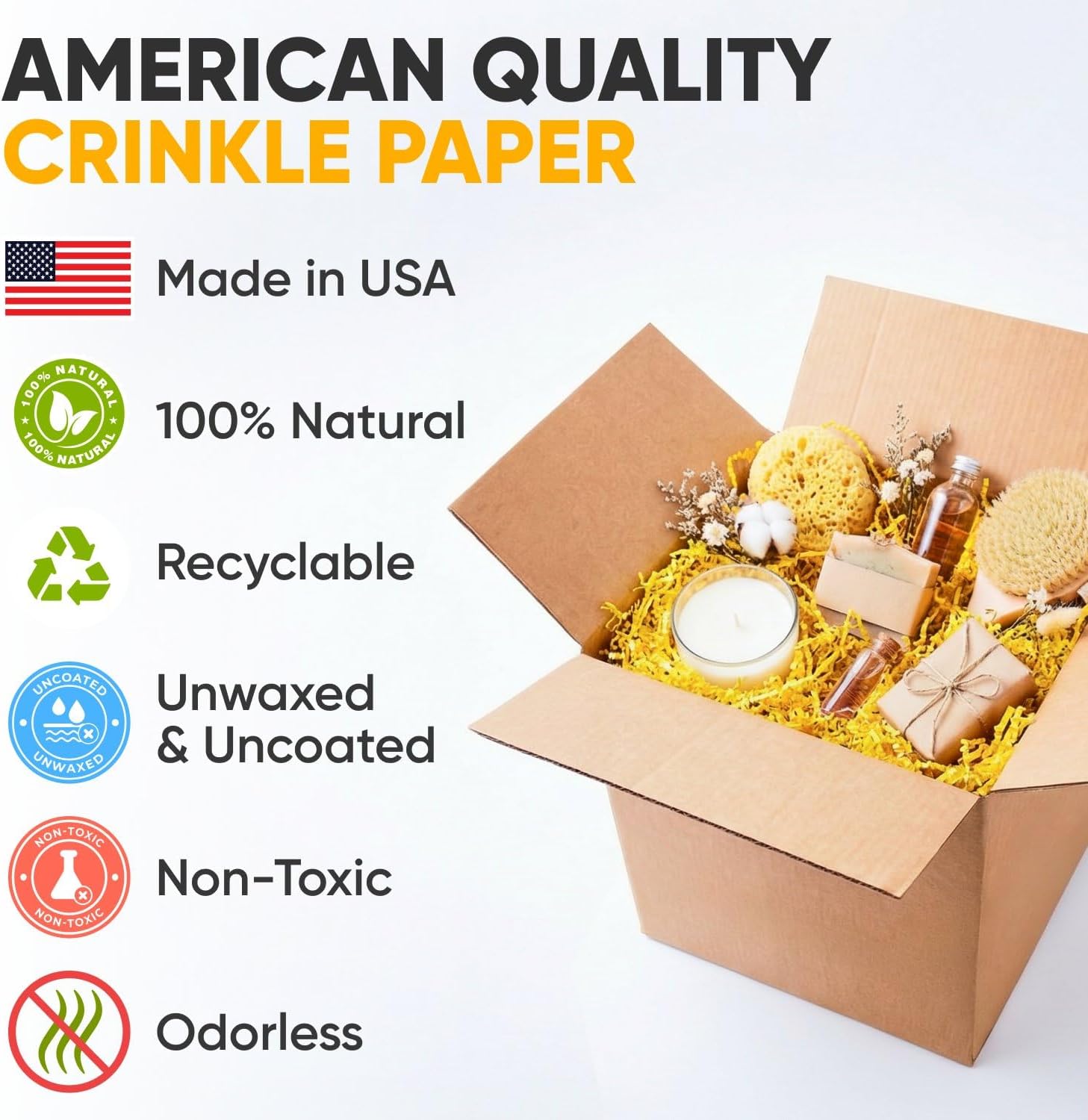 1 Cu Ft Ready To Ship Carton with Yellow Crinkle Paper Filler - 12" x 12" x 12" Single Wall (SD) Shipping Box with Shredded Paper for Gift Baskets, Decorative Box Filler, Confetti Gift Stuffing
