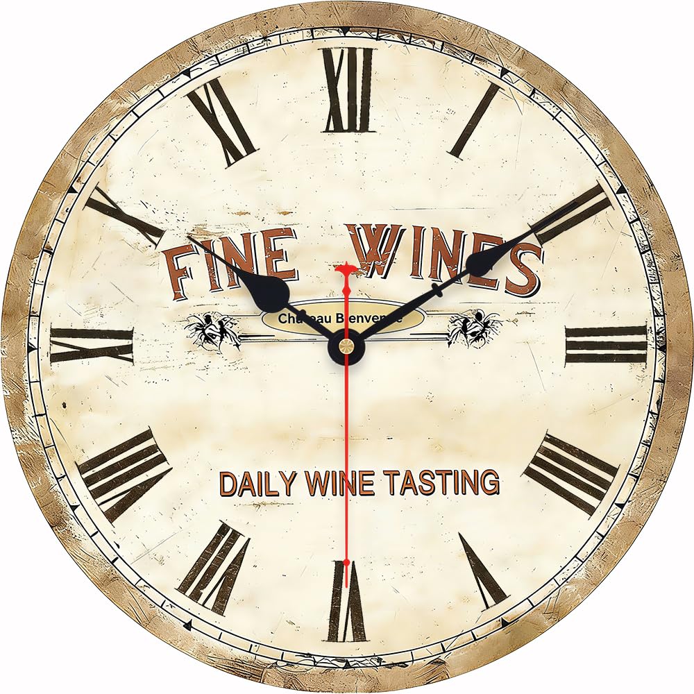 Ensound Silent Wall Clock Round Non Ticking Wooden Wall Clocks Rustic Country Vintage 12 Inch Wall Clock Battery Operated Easy to Read Home Decorative Wall Clock (Daily Wine Tasting)