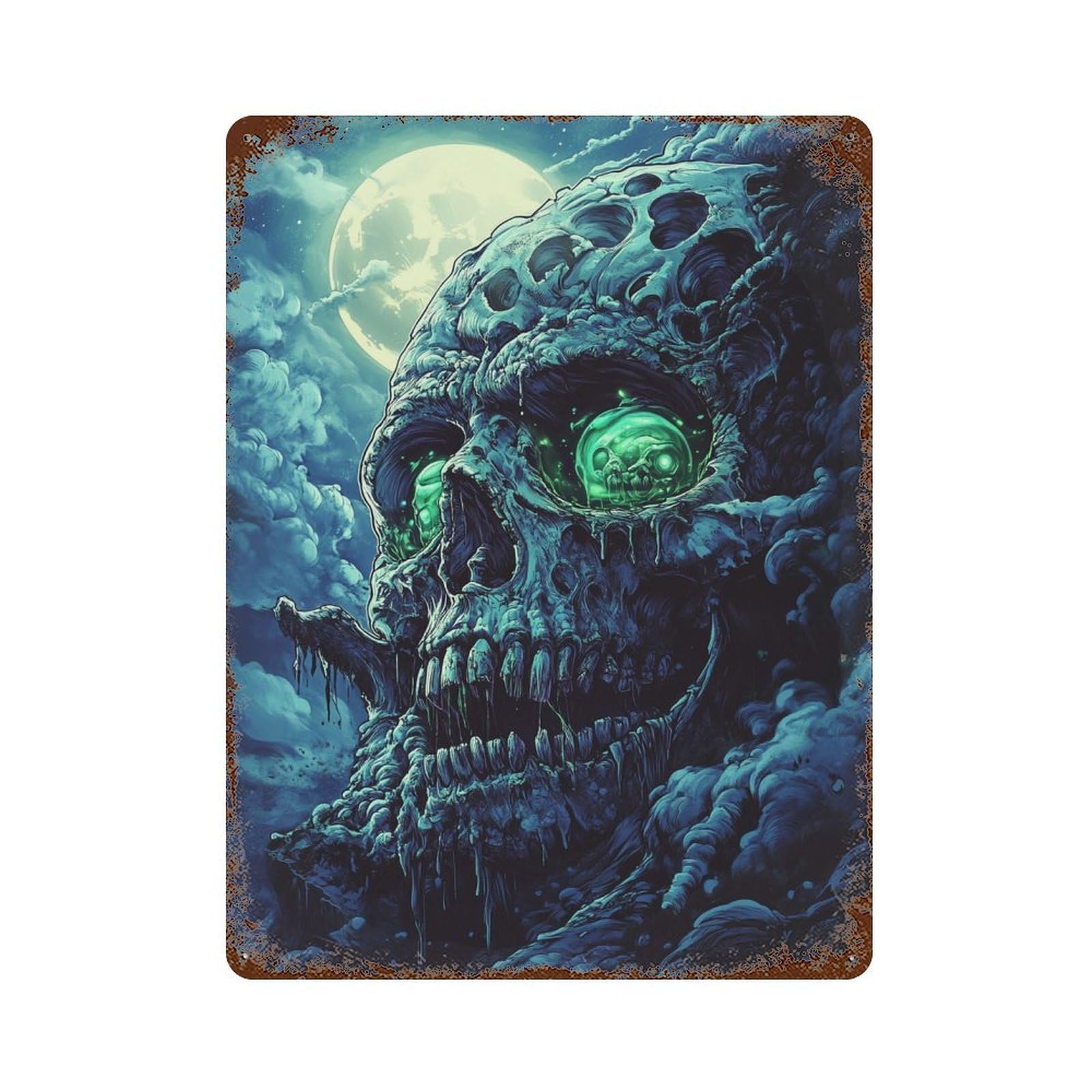 Garage Style Spooky Skull with Glowing Eye Weathered Tin Sign 15.7"x11.8", Farmhouse Wall Decor for Bar And Workshop