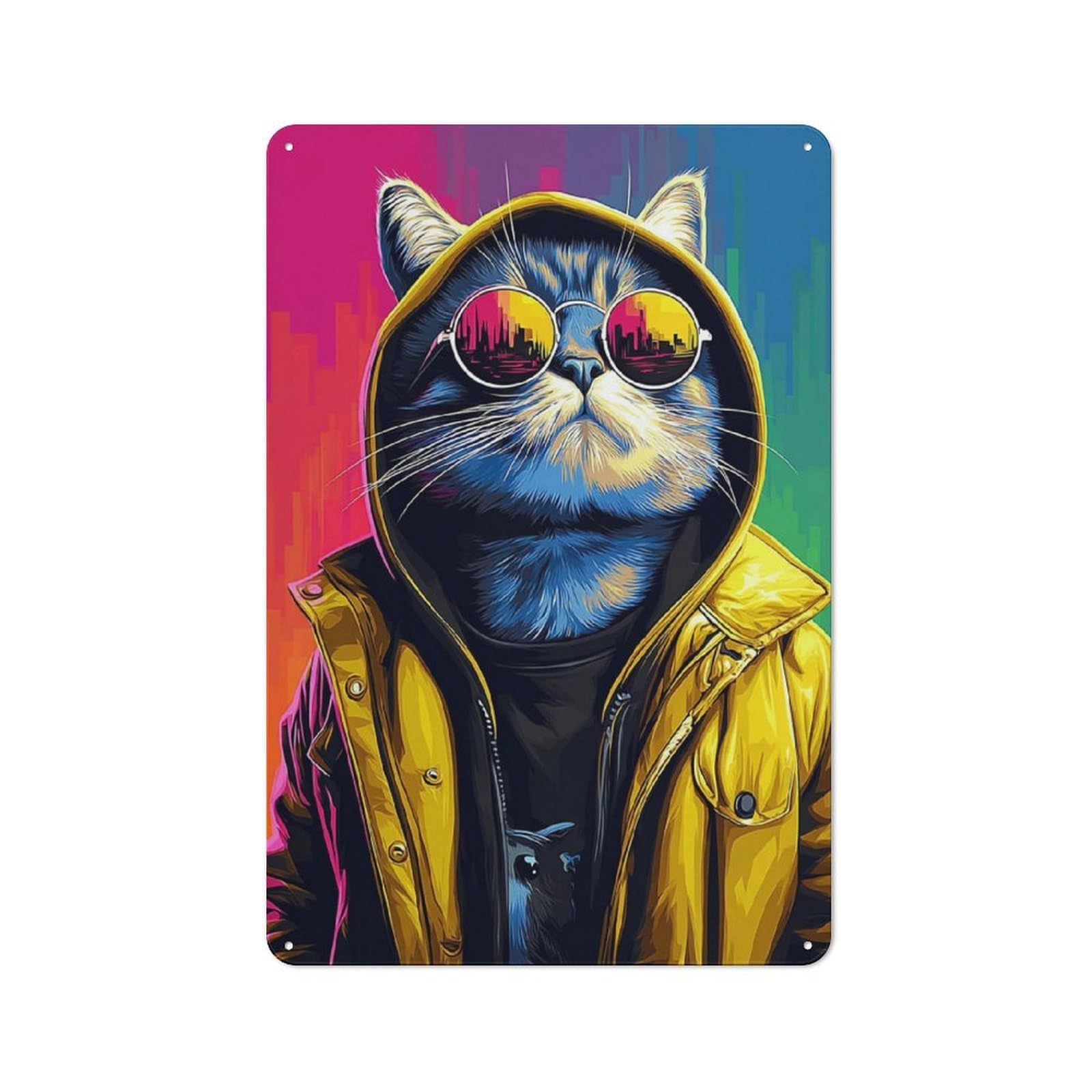Junmoney Stylish Cat In Cityscape Sunglasses Tin Wall Plaque 30X20cm With For Studio Or Craft Room, Suited To Craft Room Decorators