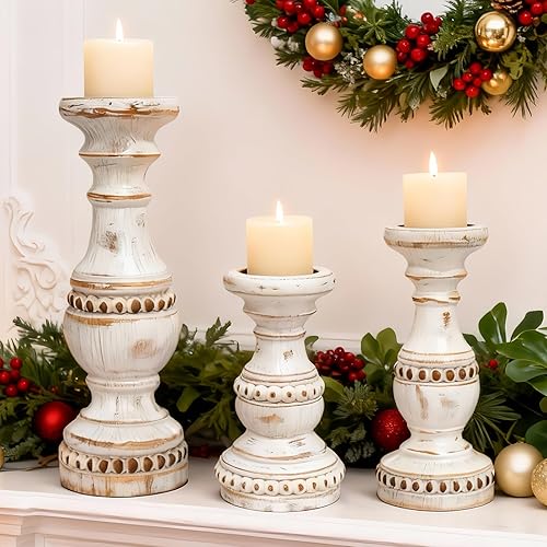 Juego de 3 portavelas para velas de pilar, portavelas de madera maciza de granja, soporte de vela de madera rústica, candelabros de madera pequeños