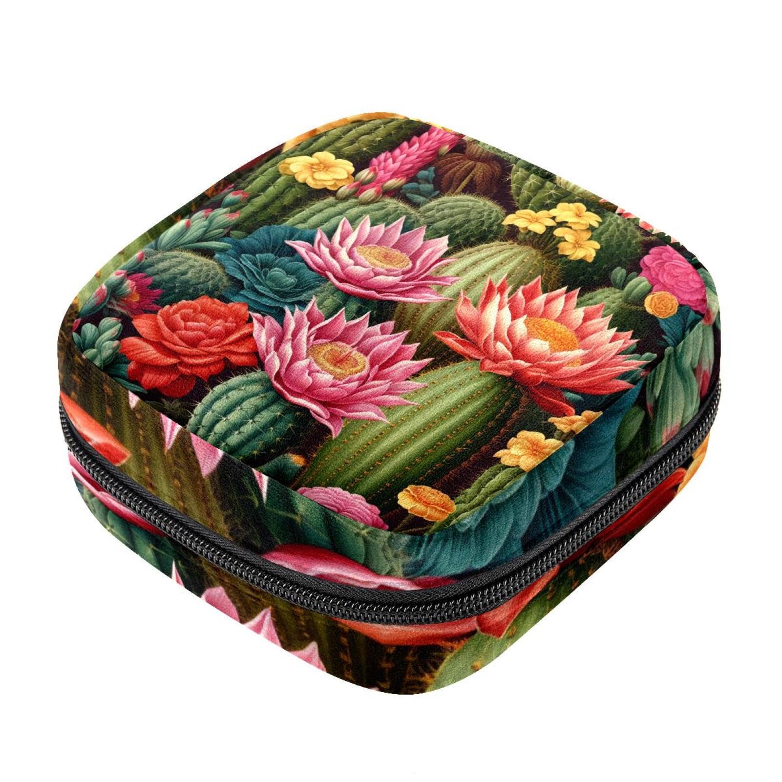 Sanitary Napkin Storage Bags, Cactus Flowers Menstrual Pad Bag Oxford Cloth Menstrual Cup Pouches Nursing Pad Tampon Period Bags with Zipper for Teen Girls Women Ladies