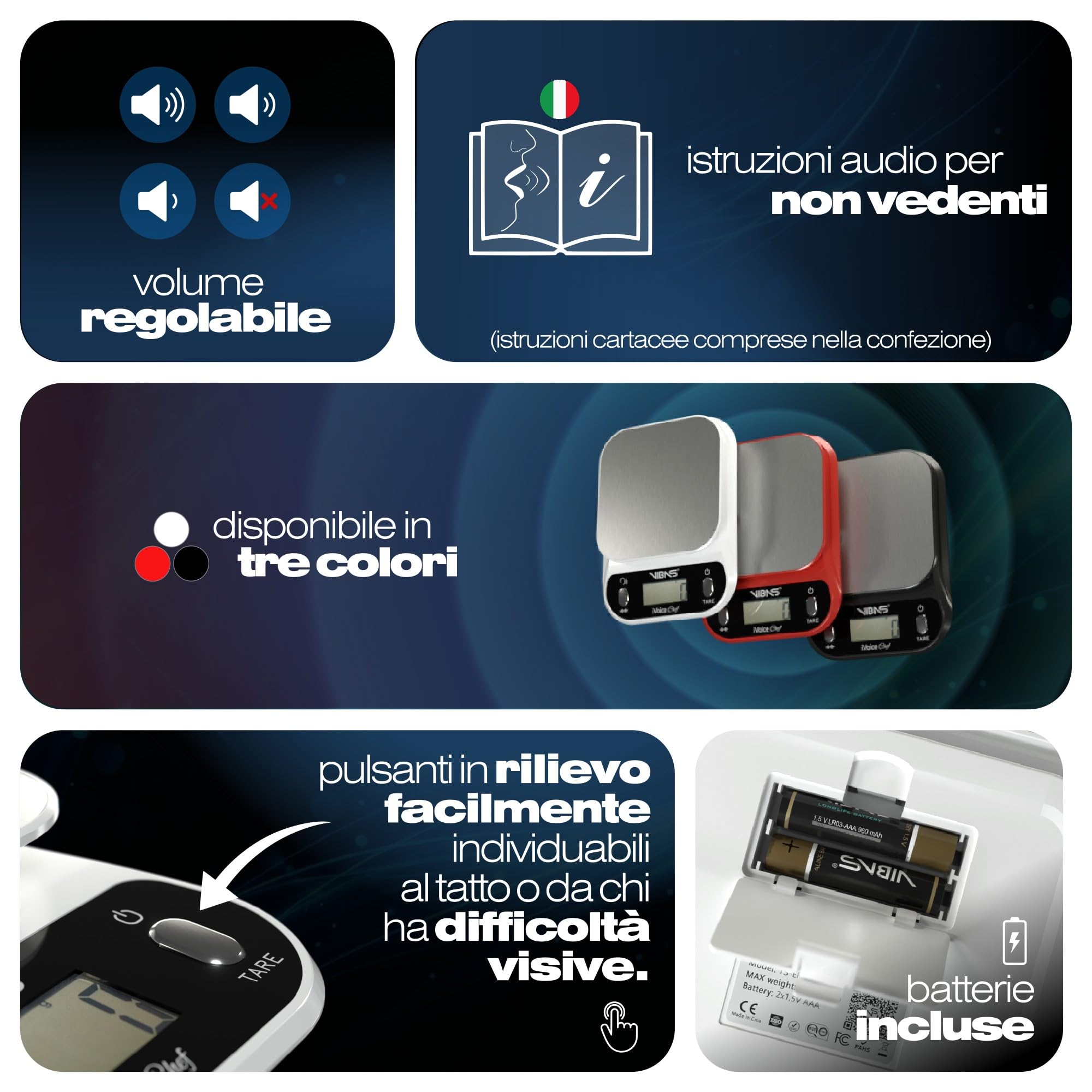 Bilancia da Cucina Parlante VIBAS iVoice Chef con Ciotola, 5 Lingue, Portata 10 kg