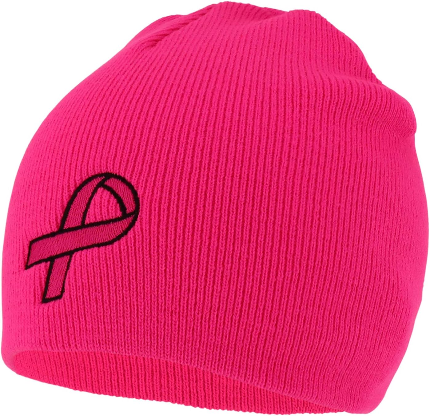Armycrew Made in USA Large Breast Cancer Pink Ribbon Embroidered Short Beanie