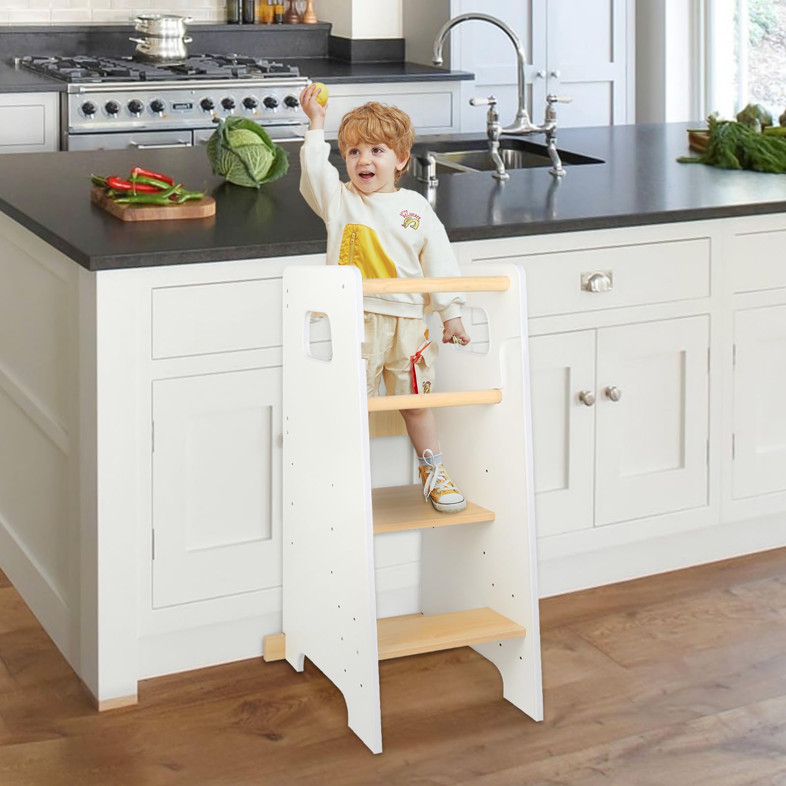 Beobachtungsturm für Kinder L 40 cm x B 42 cm x H 90 cm, Montessori-Turm 1-3 Jahre, höhenverstellbar, aus Holz, Fallschutz (weiß)