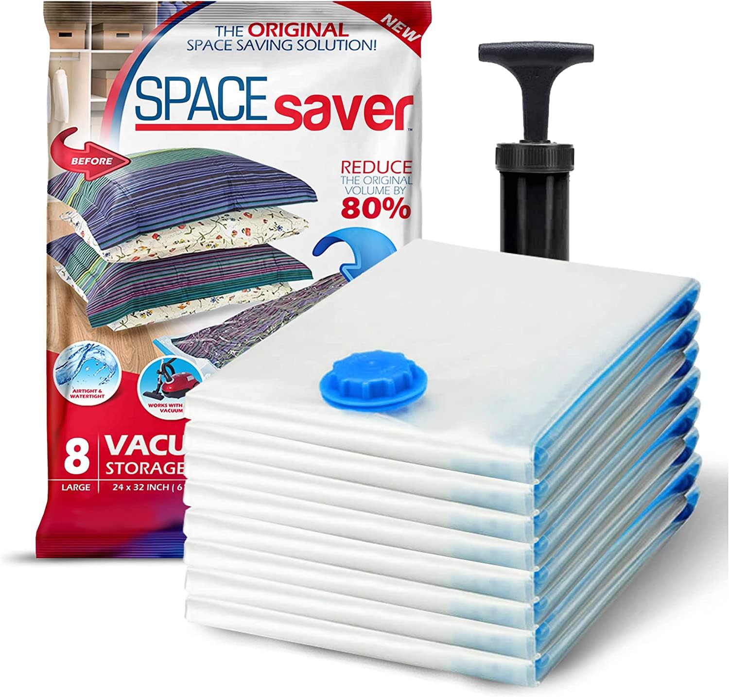 Spacesaver Premium Sacchetti Sottovuoto, 80% in più di Stoccaggio, Pompa a Mano per Viaggio, Doppia Chiusura, Tripla Valvola Turbo-Guarnizione per il Massimo Risparmio di Spazio-Grandi 8 Pezzi