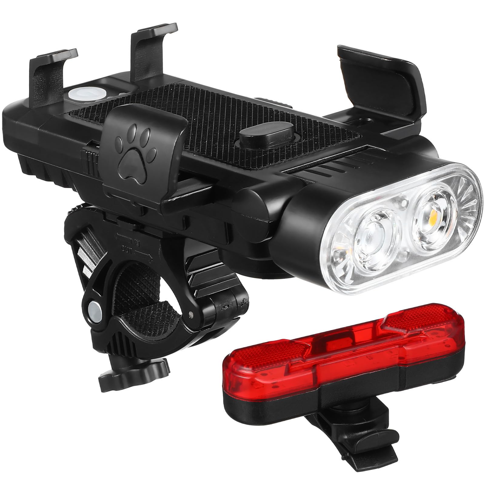 SECFOU Juego de Luces para Bicicleta de Montaña Faro Delantero Recargable USB, Luz Trasera, Soporte Ajustable para Teléfono de 4,5 a 6,5 Pulgadas y Batería Externa de 4000 Mah