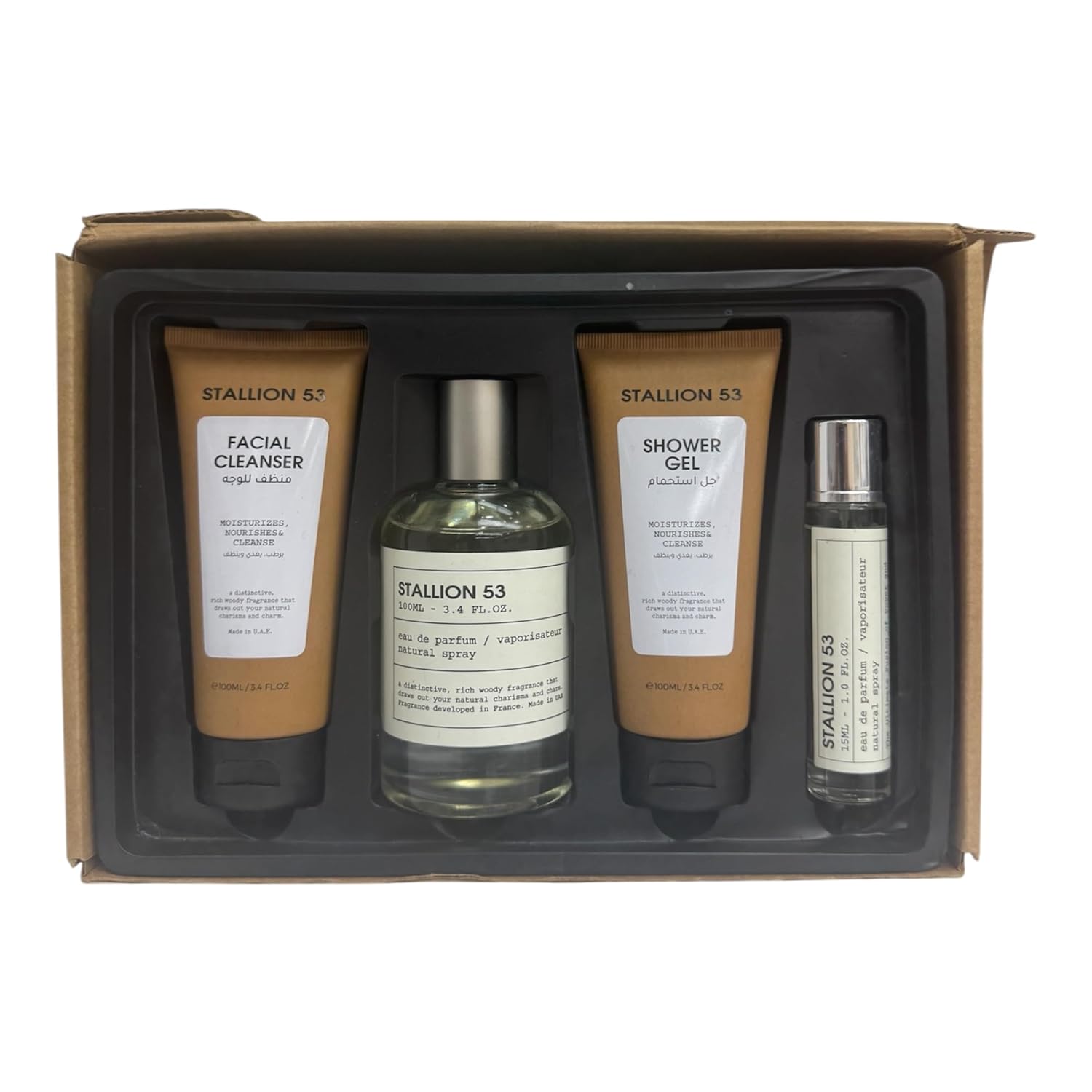 Stallion 53 Eau de Parfum Gift Set, 4-in-1 with Facial Cleanser and Shower Gel, 3.4 fl oz, Woody Fragrance