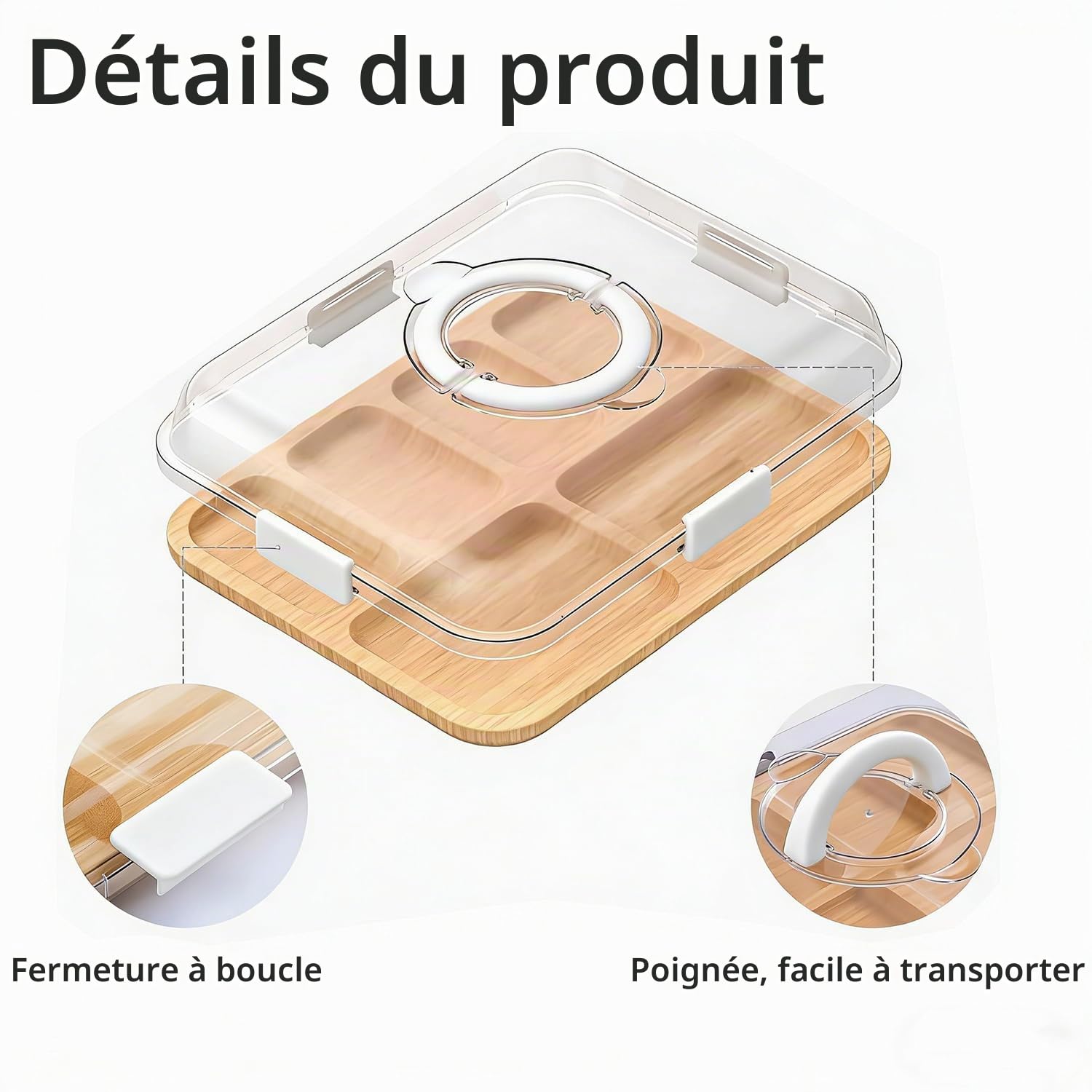 Plateaux à charcuterie avec Couvercle et poignée, Plateau à Fromage Portable en Bambou à 6 Compartiments, Plateau de Service pour charcuterie, Fruits et collations (Blanc)