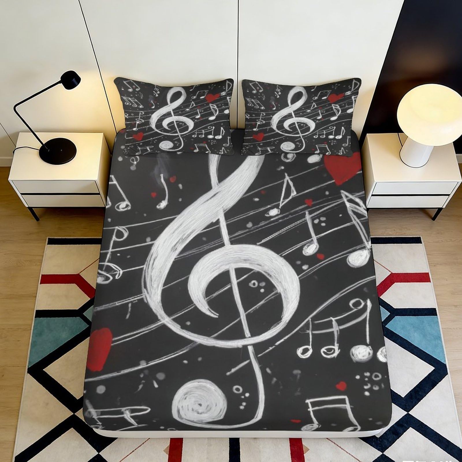 3D Printed Musical Note Fitted Sheet Microfiber soft touch, wrinkle resistant, stylish bedroom decor, apartment bedding, black white bed cover 90x200x25cm