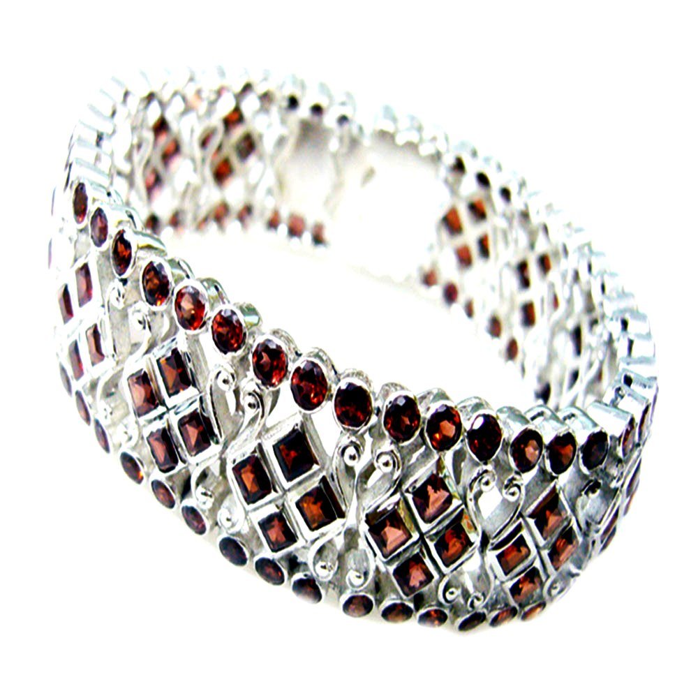 GemsonclickGenuine Garnet 925 Silver Bracelets For Women Bangle Style Birthstone Box Clasp L 6.5-8 Inch