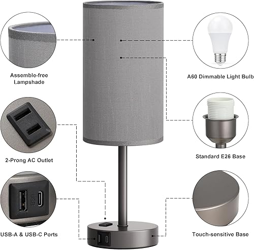 Vista 33 de Fenmzee Juego de lámparas de mesa pequeñas táctiles regulables de 2 a 3 vías, carga USB A + C, salida de CA, base de grano de madera, bombillas