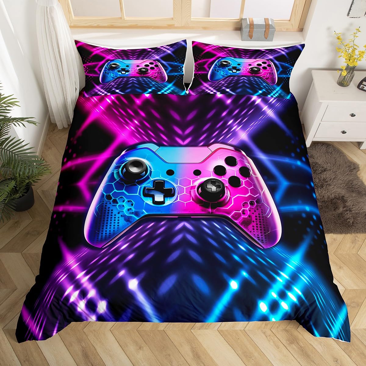 Homemissing Kids Boys Gamer Duvet Cover Set Cot Size Gaming Bedding Set Purple Blue Geometric Gamepad Duvet Cover with 1 Pillowcase Game Room Decor Bedding — image 1