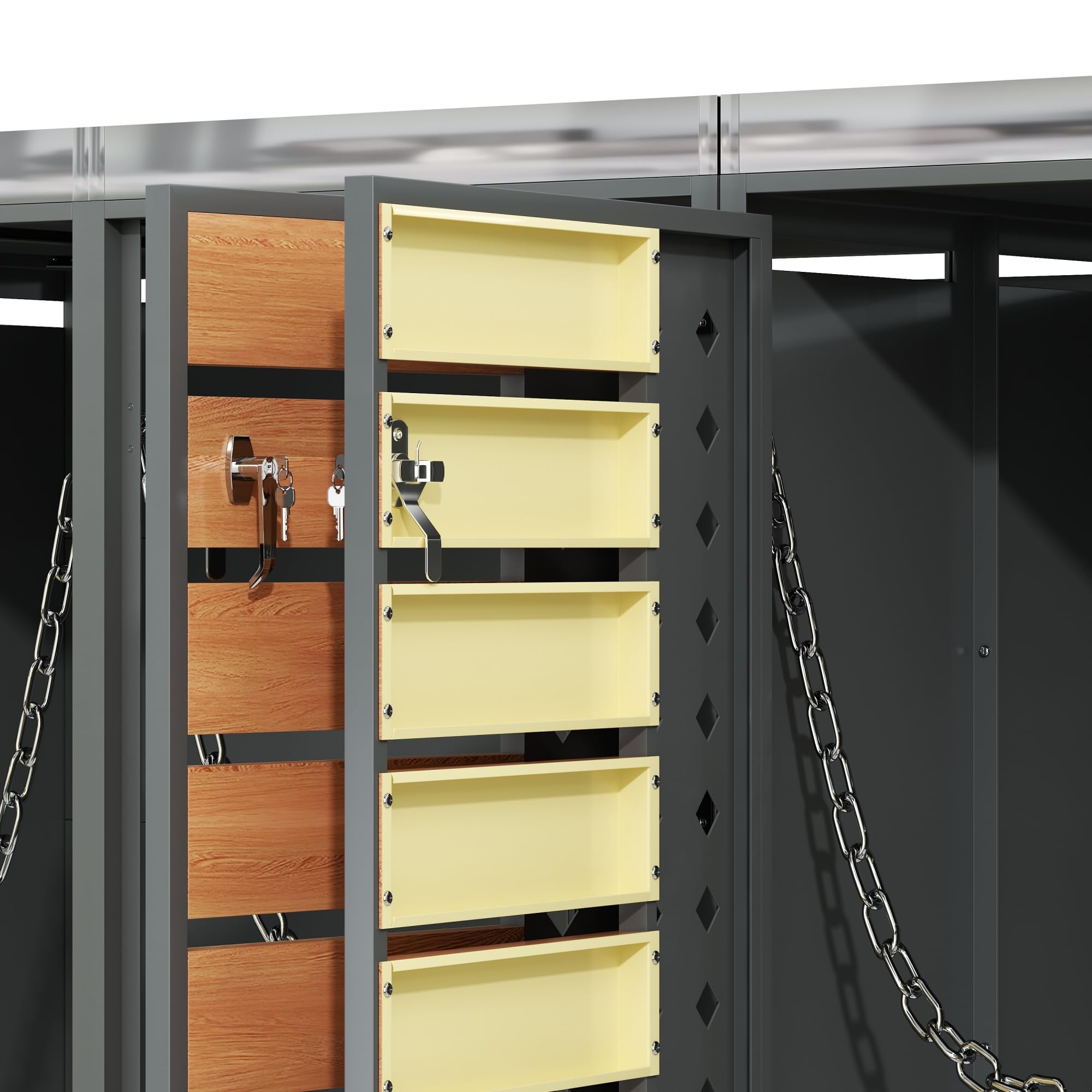 Contenitore per bidoni della spazzatura, 2 pezzi, con effetto legno, strisce e superficie per piante, fino a 240 l, richiudibile, in acciaio zincato, foro diamantato, scatola per la spazzatura da