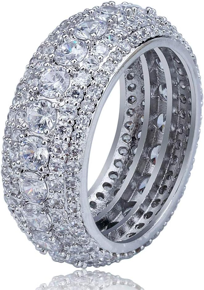 KMASALKMASAL Iced Out Premium Diamond Cubic-Zirconia Royal Eternity Wedding Engagement Band Statement Ring for Men Women 5 Rows 18K Gold Plated Hip Hop Jewelry