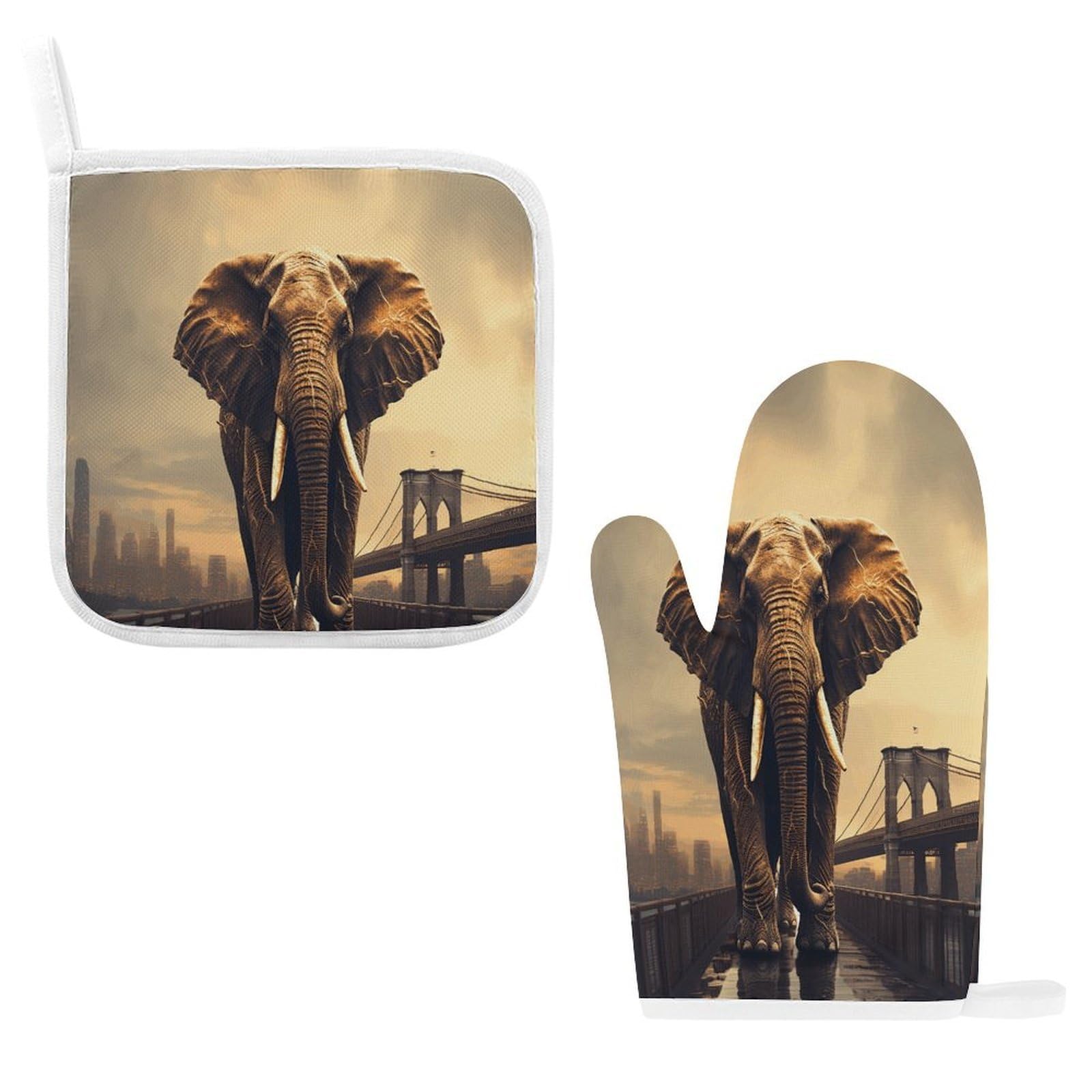 Fodpand Style Elephant On A Bridge Oven Mitts And Pot Holders Sets