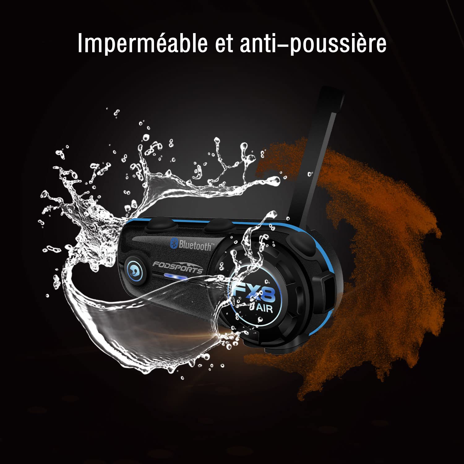 Fodsports FX8 Air Intercom Moto Duo pour 2 Casques, Kit Main Libre Moto, 1000M Systèmes de Communication Bluetooth pour Motocyclette avec 3 Effets Sonores, HiFi, Appairage Universel, 900mAh(1 Unité)